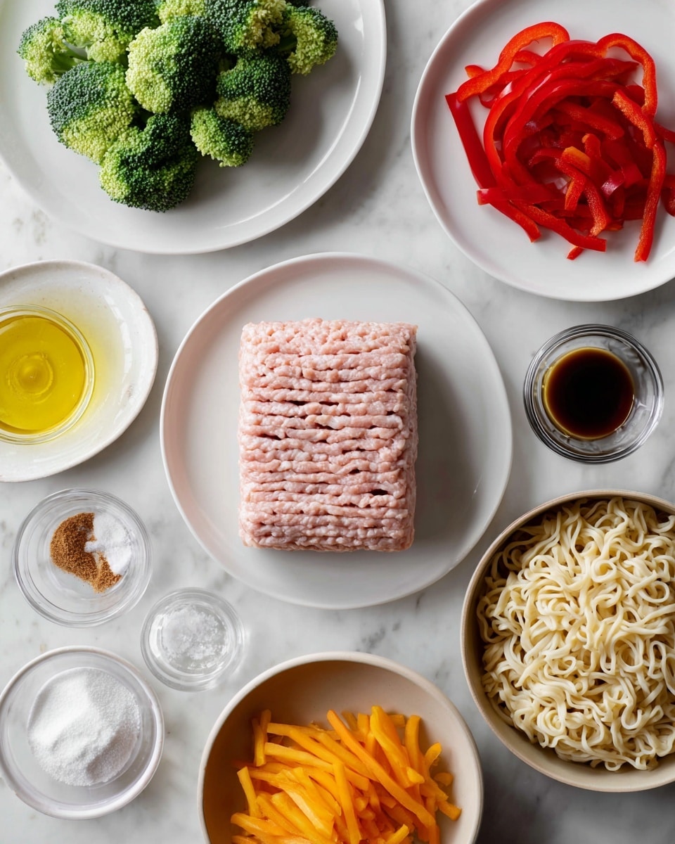 The image shows several white plates and small bowls arranged on a white marbled surface, each holding different fresh ingredients. In the center, a white plate holds a block of pale pink ground meat with a ridged texture. To the top left, a white plate is full of green broccoli florets with a bumpy surface, and next to it on the top right, another white plate contains thin bright red strips of bell pepper. On the right side, a beige bowl is filled with pale yellow cooked noodles that look soft and wavy. Below the noodles, a white bowl holds thin orange carrot strips. Scattered around are small bowls containing brown sugar, white powdered cornstarch, minced garlic, salt, and clear glass cups holding oil and a dark liquid sauce. The setup is clean and organized, with all ingredients fresh and colorful, ready for cooking. photo taken with an iphone --ar 4:5 --v 7