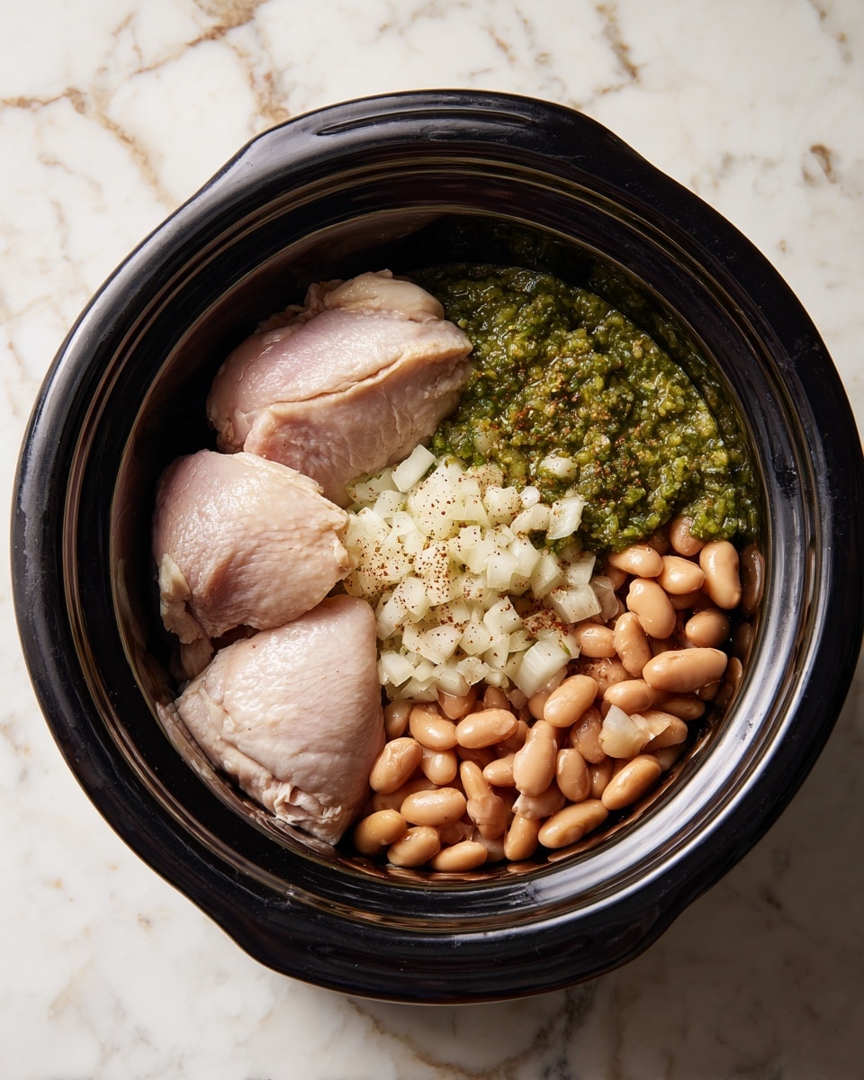 A black slow cooker bowl holds the dish with layers arranged side by side: on the left are two large, pale pink raw chicken pieces with a smooth, slightly shiny texture; next to them is a layer of chunky green salsa with visible bits of peppers; in the center, there is a pile of small white chopped onions topped by light brown and beige spices; on the right, there are light brown beans, firm and shiny, filling the rest of the space. The bowl sits on a white marbled surface. photo taken with an iphone --ar 4:5 --v 7