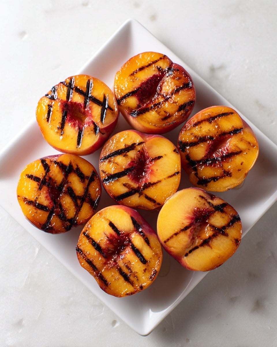 The image shows seven grilled peach halves arranged in a circle on a white square plate placed on a white marbled surface. Each peach half has dark brown grill marks creating a cross pattern, contrasting with the bright orange-yellow flesh that looks soft and juicy. Light syrup or honey is drizzled over the peaches, giving them a shiny, slightly sticky look. The peach skins are reddish-orange. The plate is seen from above, and natural light highlights the texture and vibrant colors of the fruit. photo taken with an iphone --ar 4:5 --v 7