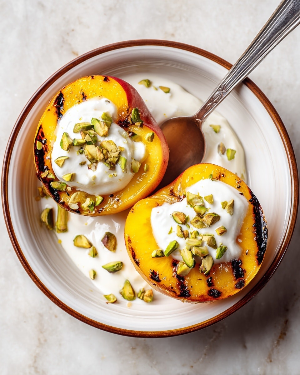 The image shows two grilled peach halves placed side by side in a shallow white bowl with a brown rim, set on a white marbled surface. Each peach half has a golden-yellow color with visible char marks on the surface, giving a slightly burnt texture. On top of each peach half is a dollop of white cream, soft and smooth, topped with small chopped green nuts scattered lightly around the cream. A silver spoon rests inside the bowl, its handle leaning on the rim. The lighting is soft, enhancing the warm colors of the peaches and the freshness of the cream. Photo taken with an iphone --ar 4:5 --v 7