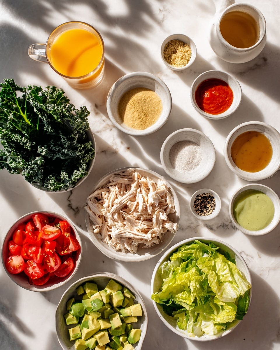 The image shows a white marbled surface with various small white bowls and loose items arranged neatly. From top left clockwise, there's a small bowl with a clear golden liquid, a small glass of orange juice, a bunch of fresh kale leaves, a small white bowl with a powdery yellow spice, a small bowl with a beige sauce, a bowl of seeds, a small bowl with salt, another small white bowl with a red sauce, a big white bowl filled with chopped red tomatoes, a big white bowl filled with shredded white chicken, and a big white bowl full of chopped green lettuce. Another small white bowl contains diced avocado, and there are two small white bowls with different light-green sauces. The scene is brightly lit with natural sunlight, and a woman's hand holding a small cup is visible on the left side. photo taken with an iphone --ar 4:5 --v 7