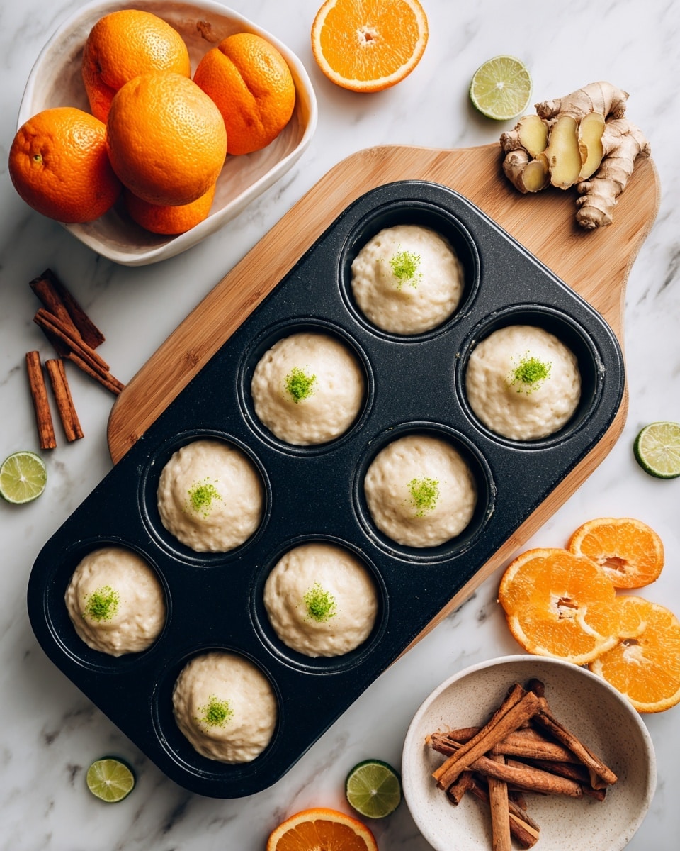 The image shows a black muffin pan with six round dough pieces inside, each with a green round topping in the center. The dough appears soft and pale, with smooth surfaces and slight bubbles. Around the pan, there are fresh orange fruits on the left, and on the right, a white bowl filled with brown cinnamon sticks and fresh ginger roots. Next to the bowl, some orange slices are arranged on a wooden board. The background is a white marbled surface. Photo taken with an iphone --ar 4:5 --v 7