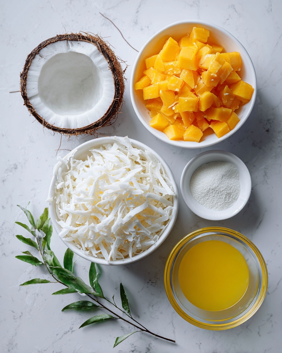 The image shows five white bowls on a white marbled surface. The top left bowl holds a halved coconut with white flesh and rough brown shell. Next to it, the top right bowl contains bright orange chunks of fruit. Below the coconut, there is a larger white bowl filled with finely shredded white coconut flesh. On the bottom right, a clear glass bowl is filled with yellow juice. In front of all bowls, a small white bowl holds a white powder. A small sprig of green leaf is placed near the shredded coconut bowl. Photo taken with an iphone --ar 4:5 --v 7