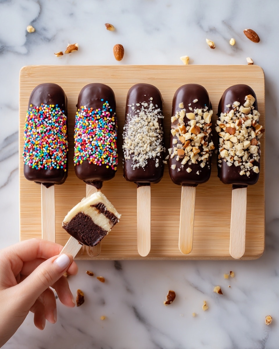 The image shows six banana pops on sticks arranged on a light wooden board placed over a white marbled surface. Each banana is covered in smooth dark chocolate. Two of the banana pops are dipped at the top in bright, colorful sprinkles, two others are topped with crushed nuts, while the remaining two are plain dark chocolate. A woman's hand is holding one of the sprinkled banana pops. There are some loose sprinkles and nut pieces scattered on the board around the banana pops. Photo taken with an iphone --ar 4:5 --v 7