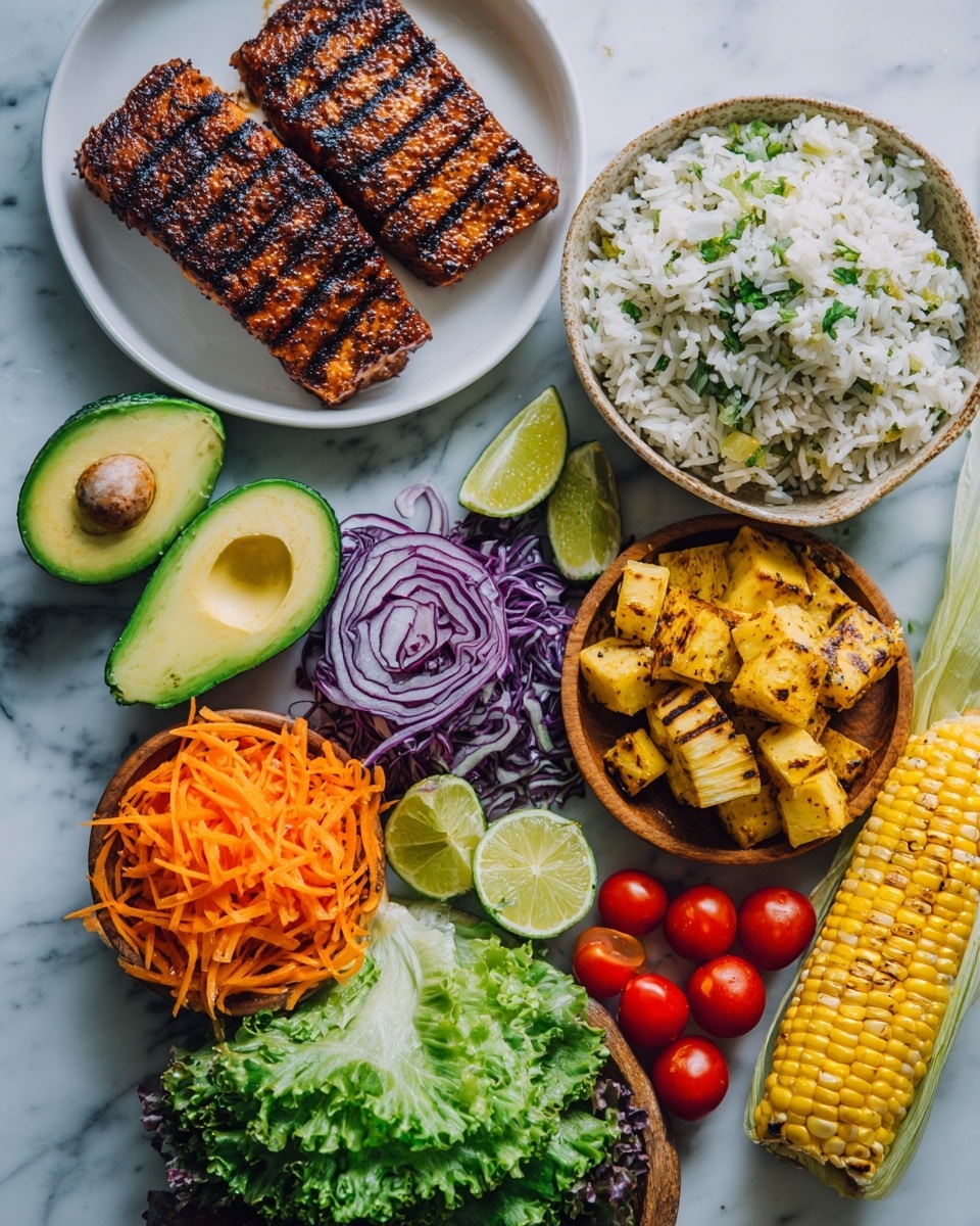The image shows a flat lay of fresh ingredients arranged on a white marbled surface. In the top left, two grilled pieces of seasoned meat with dark grill marks are placed on a white round plate. Below and to the left, two halves of a bright green avocado, one with a large seed, rest on the surface. Next to the avocado, there is a bowl filled with white rice mixed with small bits of green herbs. In the center, finely shredded orange carrots sit above slices of purple onion arranged in overlapping circles. On the right side, there are grilled chunks of brown seasoned pineapple, a pile of charred yellow corn kernels, and a half lime with two lime wedges nearby. At the bottom right, a cluster of small shiny red cherry tomatoes and green leafy lettuce add more color to the arrangement. A half-eaten corn cob is placed near the lime on the top right corner. The overall image is bright and colorful, showing fresh and cooked elements together for a meal. photo taken with an iphone --ar 4:5 --v 7
