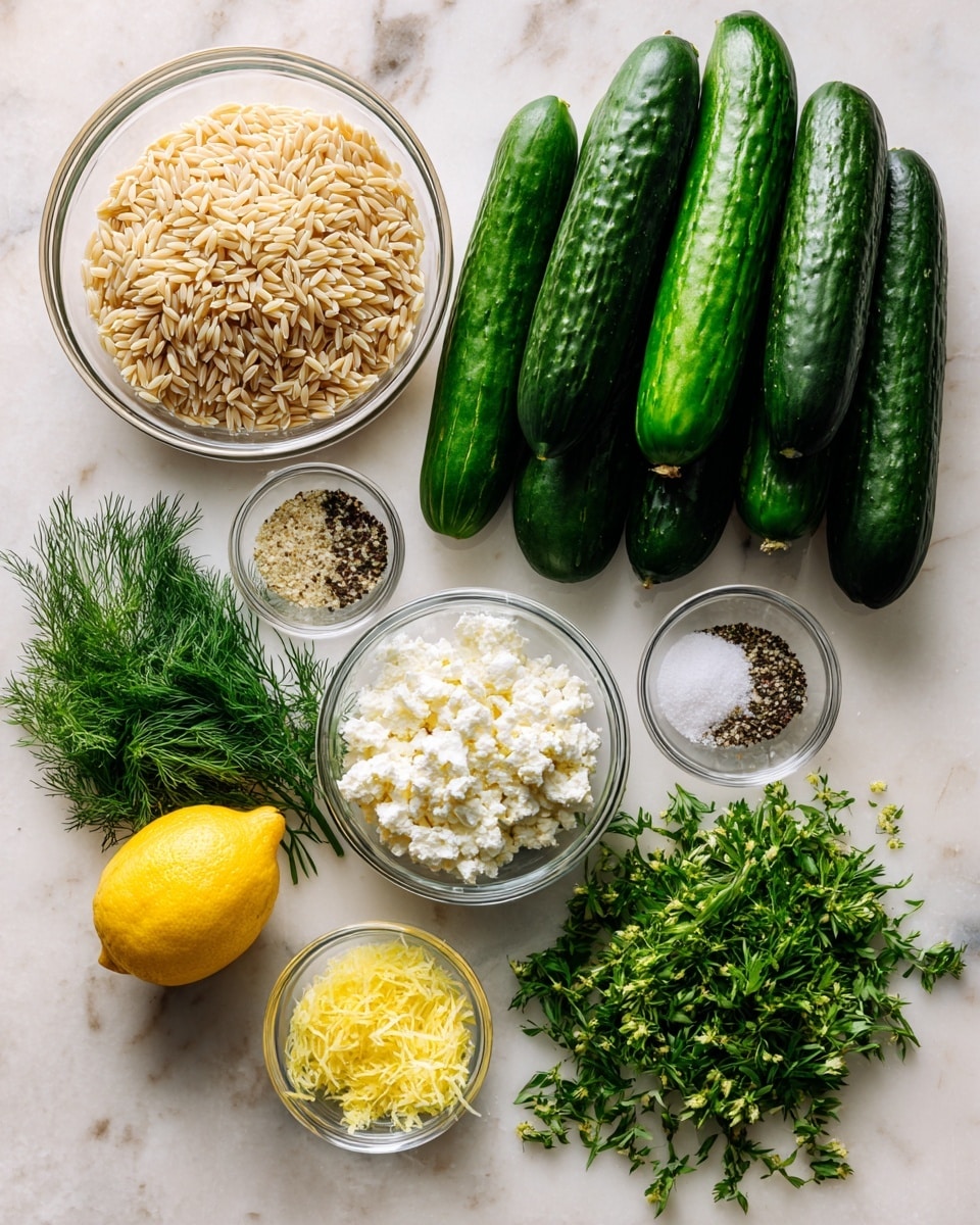 A bright and fresh arrangement of fresh ingredients is laid out on a white marbled surface. There are six whole cucumbers grouped together on the right, showing their dark green and slightly bumpy skins. Below them, a clear glass bowl holds small, light tan orzo pasta, with a smooth texture. Next to it, another clear bowl has white crumbled cheese with a soft, fluffy appearance. A yellow lemon lies near fresh green parsley and dill bunches spread out with delicate lacy leaves. Two small glass bowls hold finely grated lemon zest, glowing bright yellow, and a mix of white salt and black pepper. The overall scene is clean, colorful, and ready for cooking preparation, photo taken with an iphone --ar 4:5 --v 7