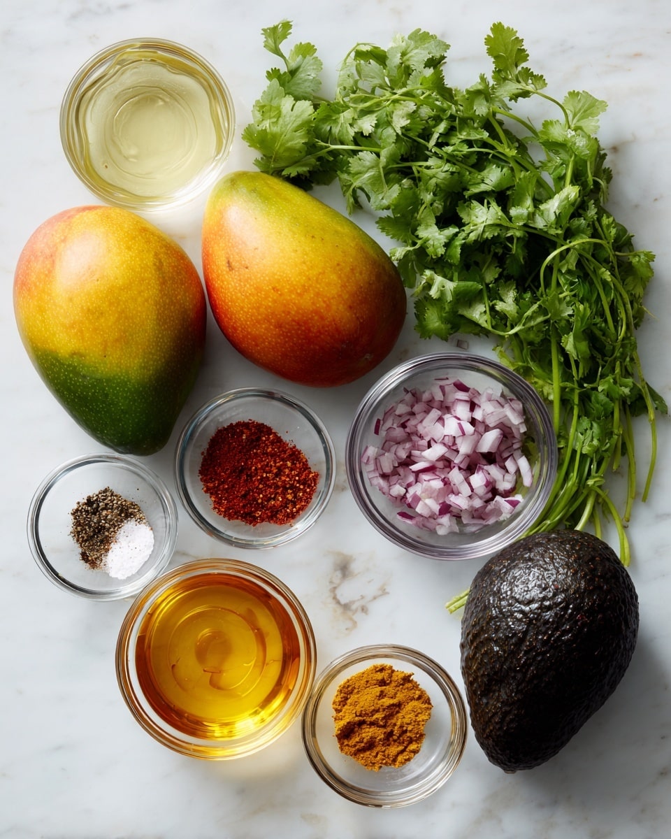 The image shows ingredients for a dish arranged on a white marbled surface. There are two ripe mangoes with green and orange skin placed side by side near the center. To the right of the mangoes is a dark green-black avocado. On the upper right side, there are small clear glass bowls with finely chopped red onions and brown spice powder. Below those, there is a small bowl with golden honey. On the left side of the mangoes, a small bowl holds a mix of salt, black pepper, and red chili powder. Above this bowl, there is a clear one with a pale yellow liquid and next to it, a glass bottle with olive oil. A small bunch of fresh green cilantro leaves is positioned near the top center. All the ingredients are neatly spaced and clearly visible, showing varied colors and textures. Photo taken with an iphone --ar 4:5 --v 7