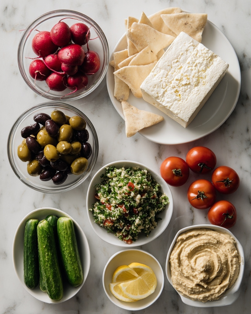 The image shows several dishes and fresh ingredients placed on a white marbled surface. From the top left, there is a clear bowl with whole red radishes, next to it is another clear bowl with a mix of black, green, and brown olives. To the right, a white plate holds a large square block of white cheese with a crumbly texture. Near this are three small triangular white pita chips and three whole red Roma tomatoes. Below, there are three fresh green cucumbers placed side by side. Below the olives, there is a white bowl containing finely chopped green tabbouleh with bits of red tomato. Next to it on the right, another white bowl contains smooth, light beige hummus with a swirl on top. At the bottom left, a white bowl is filled with a coarser beige dip, likely baba ganoush. To the right of this, there is a small clear bowl with lemon wedges. All ingredients and dishes are neatly arranged, showing a fresh and colorful Middle Eastern-style spread. photo taken with an iphone --ar 4:5 --v 7