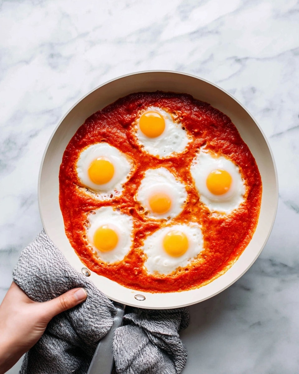 A white pan filled with a thick, bright red tomato sauce as the base layer, covering the entire bottom of the pan. On top, there are six sunny-side-up eggs evenly spaced with white, smooth egg whites and round, shiny yellow yolks. The eggs are cooked on the red sauce, mixing slightly at the edges where the whites meet the sauce. The pan handle has a gray cloth wrapped around it, and the whole pan sits on a flat, white marbled surface. photo taken with an iphone --ar 4:5 --v 7