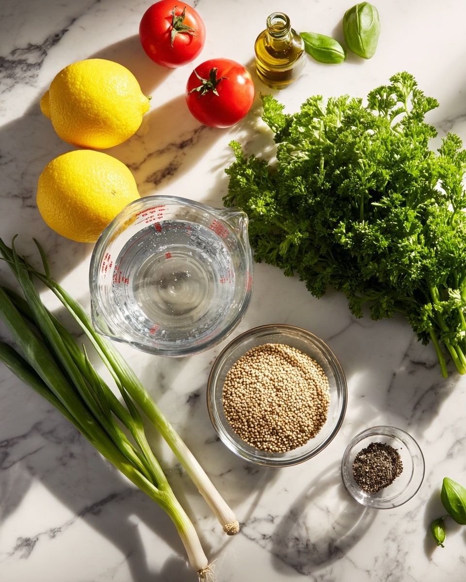 The image shows fresh ingredients arranged neatly on a white marbled surface. On the left, there are two bright yellow lemons and two red tomatoes still on the vine. Next to them are a bunch of green spring onions with long white bases. In the center is a clear glass measuring cup filled with water, placed above a round glass bowl filled with small beige quinoa grains. Above the water, there's a small glass bottle with light golden olive oil and some green basil leaves beside it. To the right, a large bunch of bright green curly parsley takes up much of the space, with a small clear glass bowl containing ground black pepper near the top right corner. The whole setting is clean, fresh, and colorful, with a natural sunlight effect. photo taken with an iphone --ar 4:5 --v 7