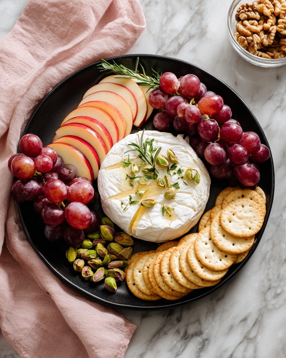 A black round plate is arranged on a white marbled surface with various foods in separate sections. In the center, there is a whole wheel of creamy white cheese topped with green rosemary sprigs and a drizzle of light honey. Around the cheese, on the top half, there are stacked golden toasted bread slices. To the left and right of the cheese, there are bunches of red grapes with shiny skins and sprinkled rosemary. Below the grapes on both sides are scattered clusters of green pistachios and brown walnuts. On the lower half of the plate, there are neatly fanned slices of red apple with pale yellow flesh, placed beside a small pile of round beige crackers. Additional rosemary sprigs add green accents throughout the plate. The setup conveys a fresh, colorful, and inviting mix of textures and natural colors. Photo taken with an iphone --ar 4:5 --v 7