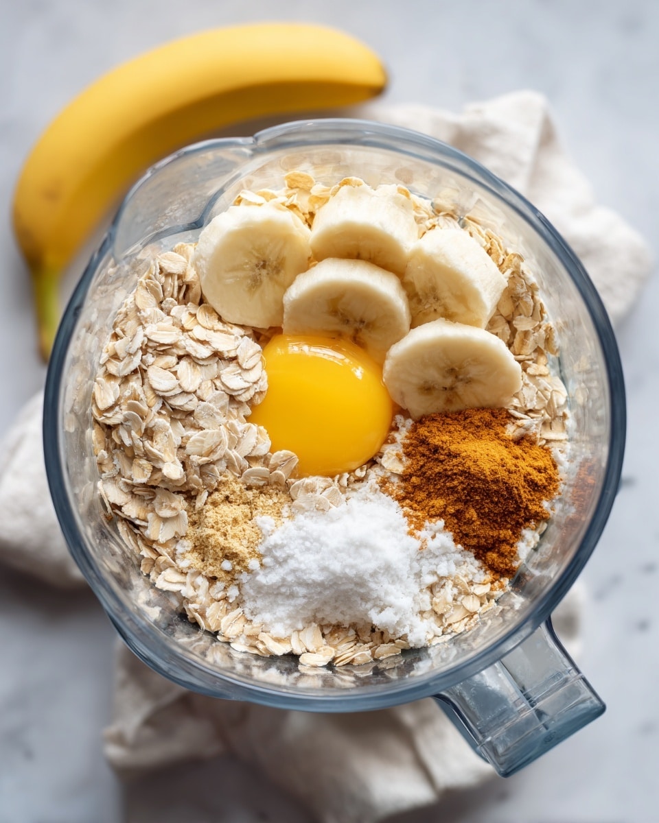 The image shows a clear blender jar on a white marbled surface, filled with several ingredients layered inside. At the bottom, there are light beige rolled oats, on top of which sits a bright yellow raw egg yolk in the center. Surrounding the yolk, pieces of peeled banana slices rest on the oats. To one side, there is a small pile of light brown cinnamon powder and a dollop of white baking powder or powdered ingredient next to it. A white cloth is partly visible under the blender, and a whole yellow banana rests in the background. Photo taken with an iphone --ar 4:5 --v 7