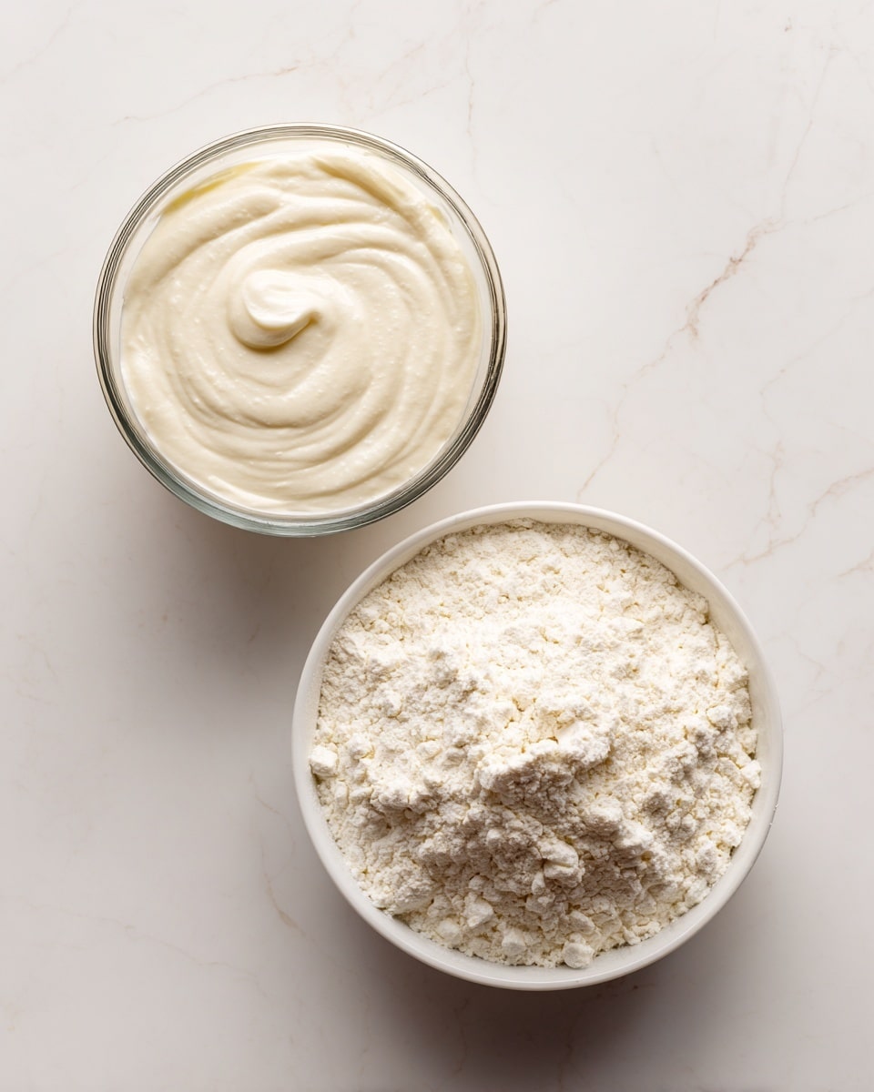 The image shows two containers placed side by side on a white marbled surface. On the left is a clear glass measuring cup filled with smooth, creamy white yogurt that has a slightly swirled texture on top. On the right is a white round bowl filled with a loose pile of fine white flour with small clumps. Both containers are viewed from above, showing the contrast in texture between the creamy yogurt and the powdery flour. photo taken with an iphone --ar 4:5 --v 7