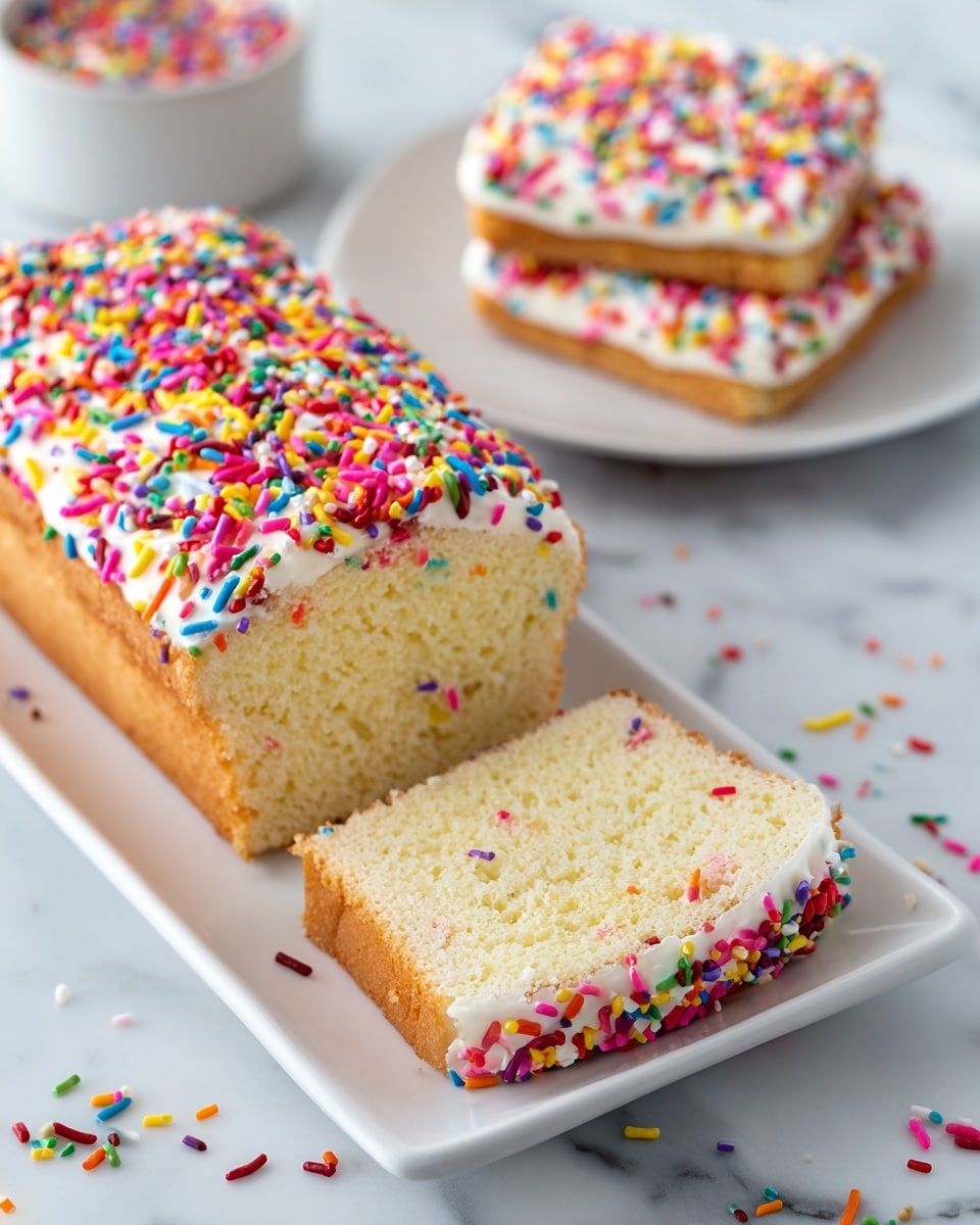 The image shows a loaf of cake on a white rectangular plate set on a white marbled surface. The cake has three layers: the base is light brown with a soft texture, the middle layer is a light cream color with a smooth, dense crumb, and the top layer is covered thickly with white icing decorated with many colorful, small round and rod-shaped sprinkles in colors like pink, yellow, blue, green, and orange. Two slices of the cake lie on the plate, showing the soft inside and sprinkle-coated edges. In the background, there is a white round plate with two square slices of the same cake stacked, also covered with multisized and colored sprinkles, along with two tall clear bottles of milk. A woman's hand is reaching toward the back plate from the right side. Photo taken with an iphone --ar 4:5 --v 7