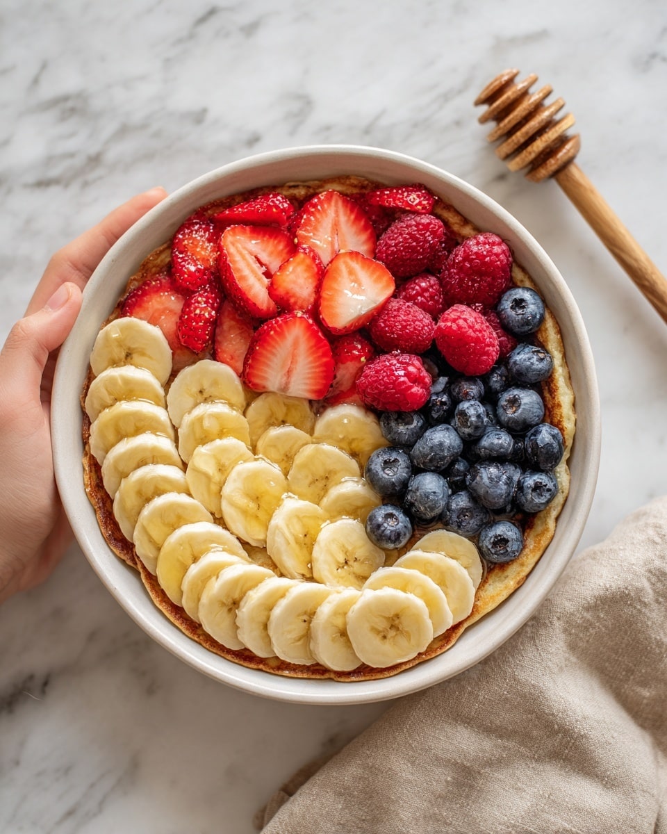 The image shows a white bowl filled with a layer of small golden pancakes on the bottom. On top, there are evenly placed slices of bananas with a light yellow color and round shape. Around the banana slices, there are fresh red strawberries, bright red raspberries, and dark blue blueberries, adding vibrant colors and different textures. A wooden honey dipper with honey is positioned near the bowl, and a woman’s hand is holding it, dripping honey over the fruit and pancakes. The bowl is set on a white marbled surface with a soft beige cloth nearby. Photo taken with an iphone --ar 4:5 --v 7
