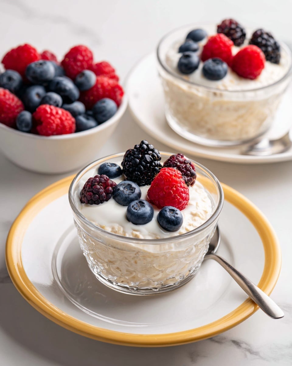 Two clear glass bowls show a dessert with three layers each: the bottom layer is light beige oats soaked in liquid, the middle layer is the same oat mix, and the top layer is a thick white cream. On top of the cream in the front bowl, evenly placed are one bright red raspberry, one black blackberry, and three dark blue blueberries. The front bowl sits on a white plate with a yellow rim, and a silver spoon lies on the plate to the right of the bowl. The second bowl in the background has a similar dessert topped with one blackberry and three blueberries. In the top right, a white bowl holds extra berries, including blueberries and raspberries. All items rest on a white marbled surface. photo taken with an iphone --ar 4:5 --v 7