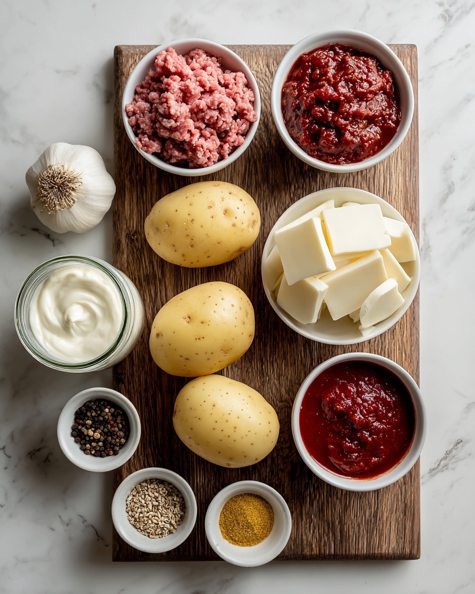 The image shows several ingredients arranged neatly on a wooden board and a white marbled surface. In the center on the wooden board, there are four whole light yellow potatoes lined up side by side. Above the potatoes, three white bowls are placed: one on the left contains light pink raw minced meat, the middle one has a thick red sauce with visible chunks, and the right one holds slices of white cheese. Surrounding the board on the white marbled surface are a whole white garlic bulb near the left, a large glass jar filled with white creamy sour cream below the meat bowl, three small white bowls with spices — black and white peppercorns, brown seeds, and yellow spice powder — on the right side, and one more bowl of the same thick red sauce at the bottom right corner. The setup is clean and well-organized, with a natural, rustic look. photo taken with an iphone --ar 4:5 --v 7