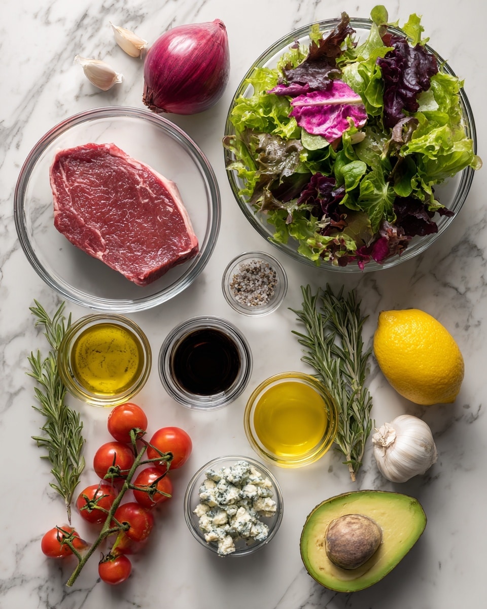 The image shows a fresh and colorful arrangement of ingredients on a white marbled surface, including a clear bowl with a single raw steak in the center, a large clear bowl filled with mixed green and purple leafy salad on the right, and various small clear bowls containing crumbled blue cheese, vinegar, oil, mustard, salt and pepper, and pickled onions. Around these bowls are whole fresh ingredients like a ripe avocado, a shallot, two cloves of garlic, a lemon, bright red cherry tomatoes on the vine, and a sprig of rosemary. The overall scene is clean, bright, and organized, with each ingredient clearly visible and separated. photo taken with an iphone --ar 4:5 --v 7