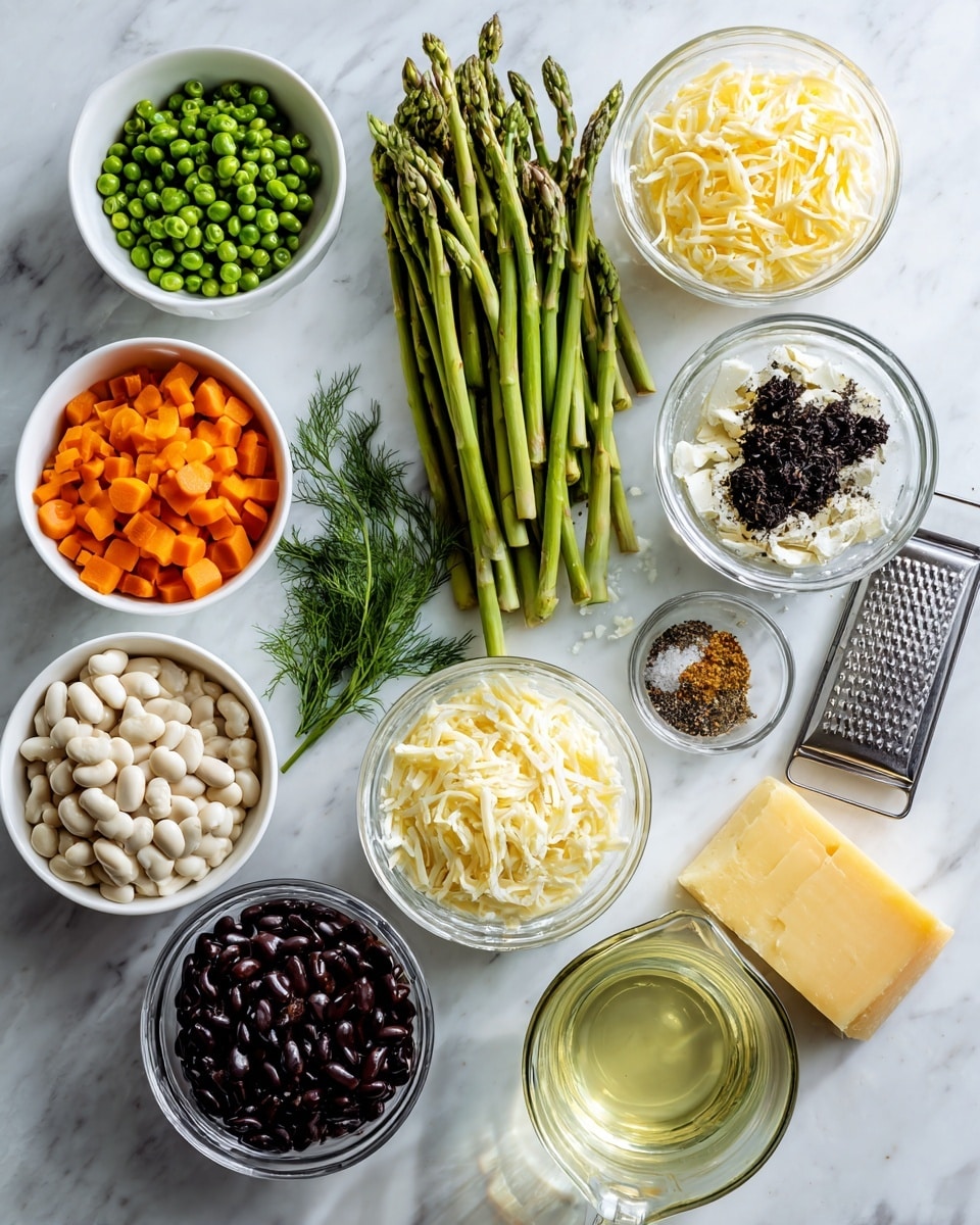 The image shows many small white bowls and clear glass containers on a white marbled surface, each filled with different ingredients for a meal. The bowls hold green peas, chopped orange carrots, white beans, shredded cheese, and a mix of black and white seasonings. A bunch of green asparagus lies in the middle, with some fresh dill scattered nearby. There are also fresh leeks and dark leafy greens in a clear bowl. A clear glass measuring cup contains a light yellow liquid, and another measuring cup has water. Near the ingredients, there are two blocks of yellow cheese with a grater beside them. The image is bright and very clean, with everything neatly arranged. photo taken with an iphone --ar 4:5 --v 7