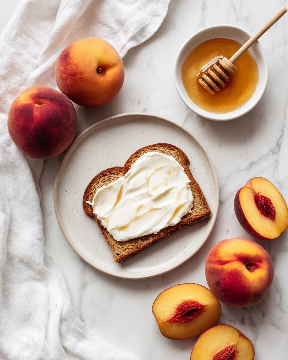 A piece of toasted bread with a thick layer of creamy white spread evenly covering the top sits on a simple white plate. Around the plate, there are whole ripe peaches with smooth orange and red skin, as well as some peach slices showing the bright orange inside and the reddish edges of the skin. To the right, there is a small white bowl filled with golden honey, with a wooden honey dipper resting on it. The whole scene is set on a white marbled surface with a white cloth casually placed on the left side, adding a soft texture. photo taken with an iphone --ar 4:5 --v 7