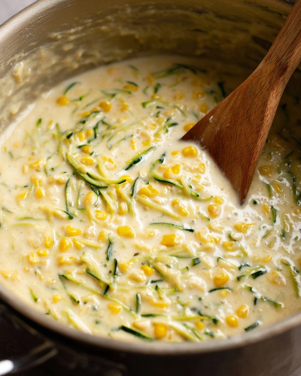 A close-up image of creamy mixture in a light silver pot showing two main layers: a thick, pale yellow creamy base evenly spread around, filled with small yellow corn kernels scattered throughout, and thin green shredded pieces of zucchini visible in every part of the mixture, being stirred by a wooden spoon on the right side. The wooden spoon has a smooth texture and light brown colors. The mixture surface looks soft and smooth with small bubbles. Photo taken with an iphone --ar 4:5 --v 7