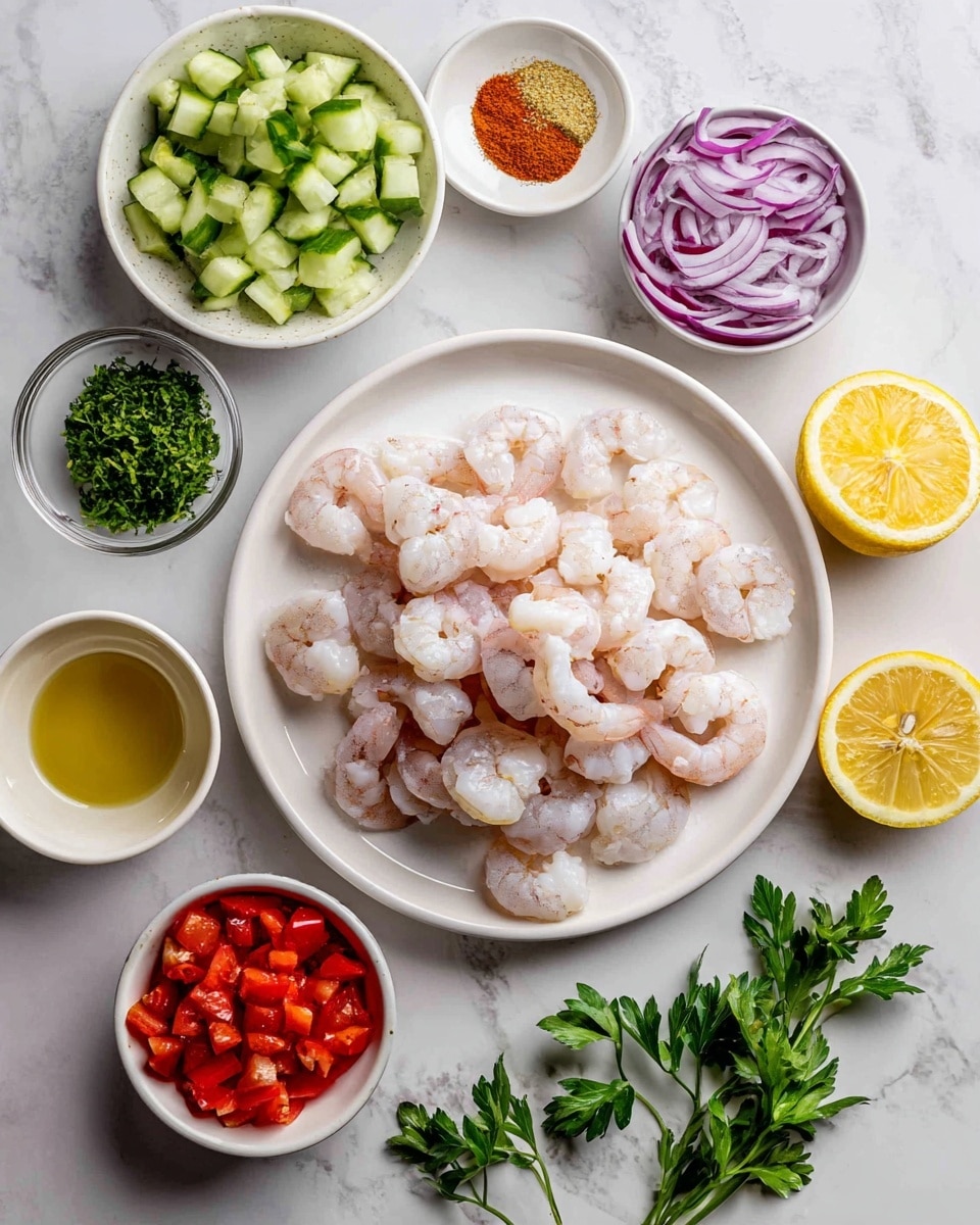 A white round plate filled with raw peeled shrimp sits in the center on a white marbled surface. Surrounding the plate are small white bowls with various ingredients including chopped cucumbers, chopped red onions, minced garlic, lemon slices, mustard, a spice powder, olive oil, and diced red tomatoes. Fresh green parsley sprigs are also placed around the plate. The setup is neat and colorful, with the shrimp’s pale pink and white tones contrasting with the vibrant colors of the vegetables and spices. photo taken with an iphone --ar 4:5 --v 7
