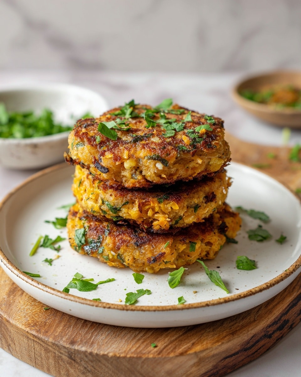 The image shows a stack of three golden brown patties with a slightly crispy texture on the outside, each layer thick and round, topped with small green herbs scattered on and around them. The patties are placed in the center of a white plate with a subtle brown rim, which sits on a wooden board. In the blurred background, there is a small bowl filled with more chopped green herbs resting on a white marbled surface. The overall colors are warm and inviting with a focus on the layered patties and fresh green garnish photo taken with an iphone --ar 4:5 --v 7