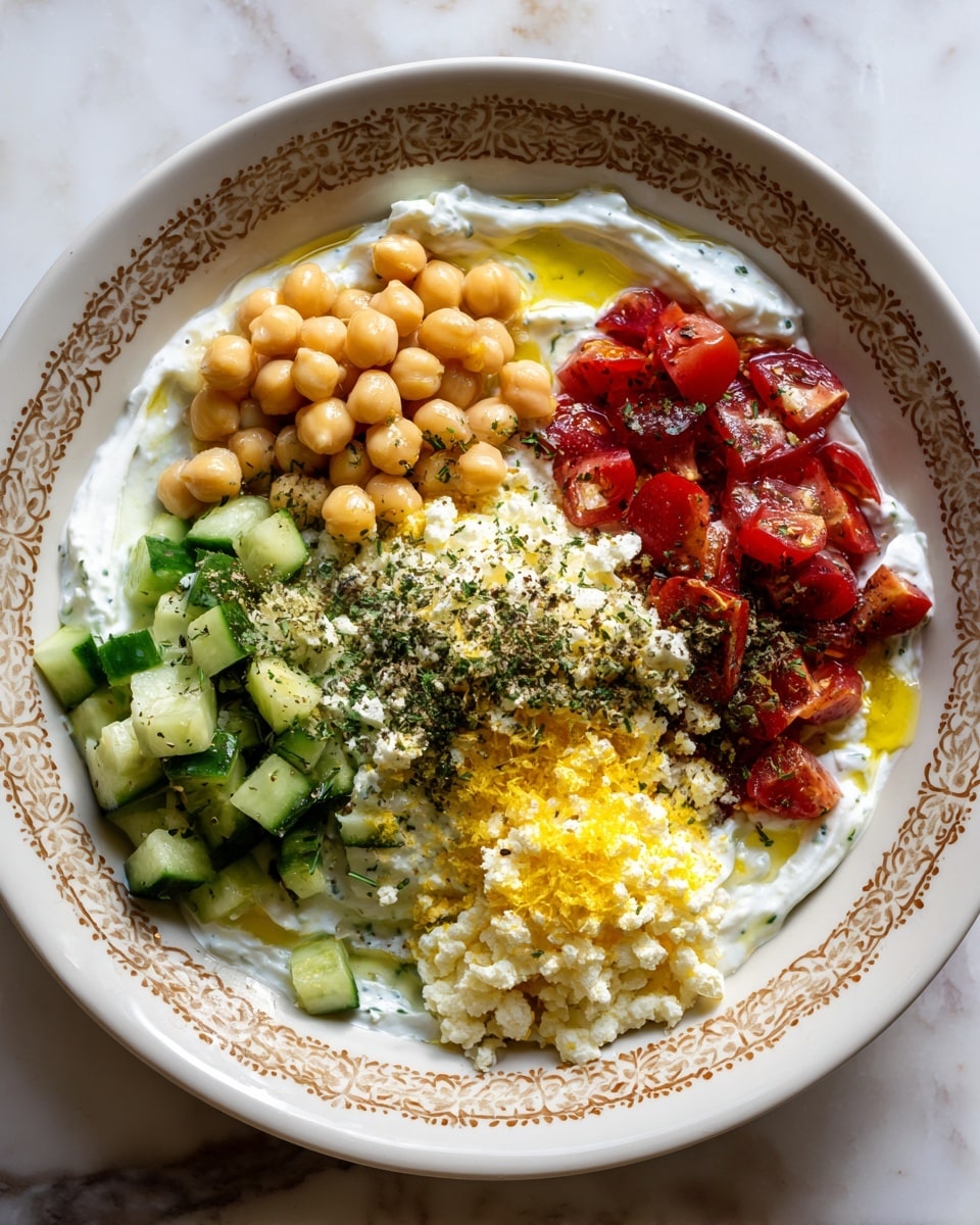 A white bowl with a light brown decorative rim holds a colorful layered salad. The base layer is creamy white yogurt spread evenly inside the bowl. On top, there are four main groups: light tan chickpeas scattered mainly on one side, bright red diced tomatoes, green chopped cucumbers placed in two spots on the opposite sides, and finely grated yellow and white cheese towards the front. Olive oil is drizzled over the yogurt, and a dark green spice is sprinkled mainly over the chickpeas and some yogurt. The bowl is placed on a white marbled surface with a blue cloth underneath, and a rustic dark gray cup with dark liquid is partly visible behind the bowl. A soft beige knitted cloth is beside the bowl, and two metal spoons lie in front of it. photo taken with an iphone --ar 4:5 --v 7