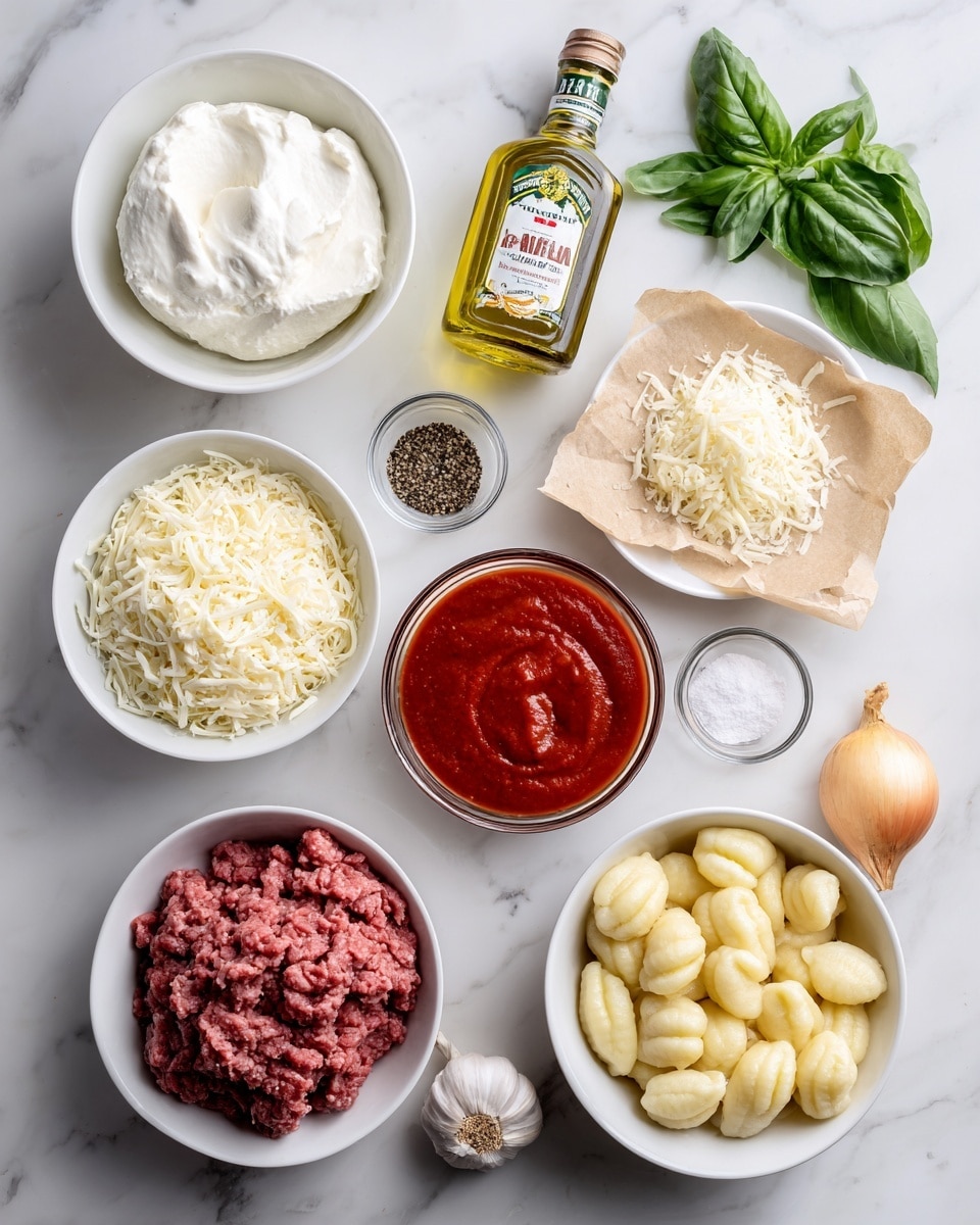 The image shows a top view of several ingredients neatly arranged on a white marbled surface. There is a white bowl with smooth, white ricotta cheese at the top left, a white bowl with shredded mozzarella cheese just below it, and a glass bottle of light golden olive oil in the upper center. To the right, a white plate holds finely grated white Parmesan cheese. Below this plate is a small white bowl containing salt, and next to it is another small white bowl with black pepper. A clear glass bowl filled with rich red tomato sauce sits near the center-right. At the bottom right, a white bowl is filled with pale yellow gnocchi, some with ridged texture. To the bottom left, a small pile of garlic cloves, a whole yellow onion, and a clear glass jar labeled