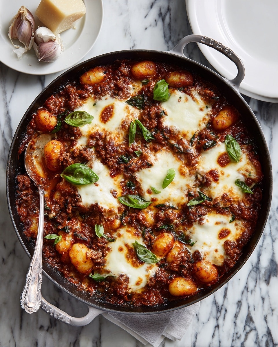 The dish is a skillet filled with several layers: the bottom layer is a rich red-brown sauce with visible chunks of browned meat and gnocchi, followed by an uneven layer of melted white cheese with some golden spots around the edges. The top is sprinkled with small fresh green basil leaves, adding a bright contrast to the warm colors beneath. The skillet rests on a white marbled surface, surrounded by fresh basil leaves, a small white plate with chunks of creamy cheese, and garlic cloves. A spoon in the skillet scoops some of the gnocchi and cheese, showing a mix of textures and colors. photo taken with an iphone --ar 4:5 --v 7