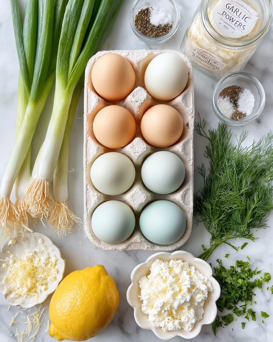 The image shows a white egg tray filled with a mix of light brown and pale blue eggs stacked in two layers, placed on a white marbled surface. To the left, three green onions with long bright green stalks and white roots lie diagonally. Near the bottom left, there is a yellow lemon on a small white plate sprinkled with grated lemon zest and a zester tool. On the right side, a small glass bowl with white cottage cheese is above a white flower-shaped dish with more crumbled white cheese. Fresh green parsley and dill lie near the dishes. Above them is a small white bowl holding salt and black pepper, while a glass jar labeled