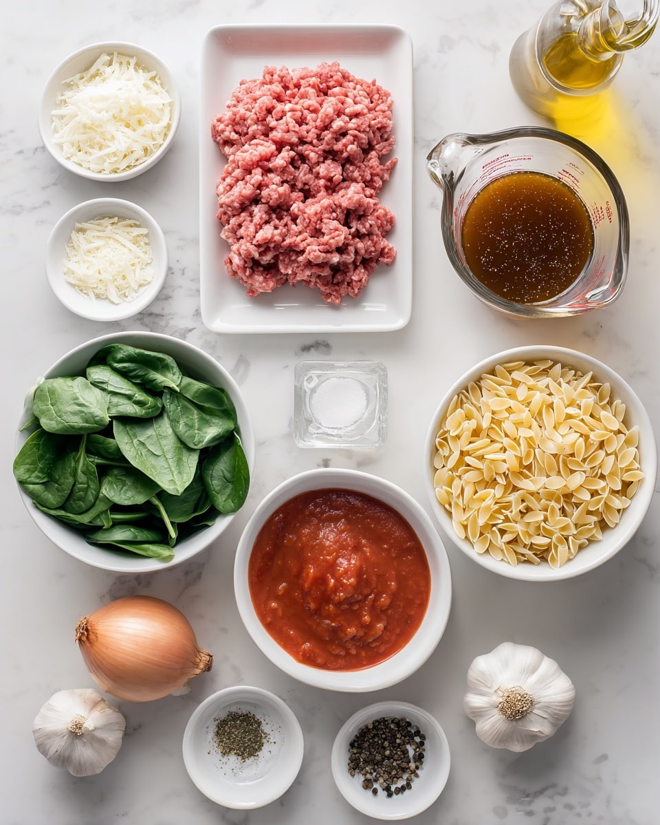 The image shows an overhead view of ingredients arranged neatly on a white marbled surface. At the center left is a white rectangular tray holding raw ground meat with a pinkish-red color. To the top left, there is a small white bowl filled with grated white cheese and next to it a glass seasoning jar labeled