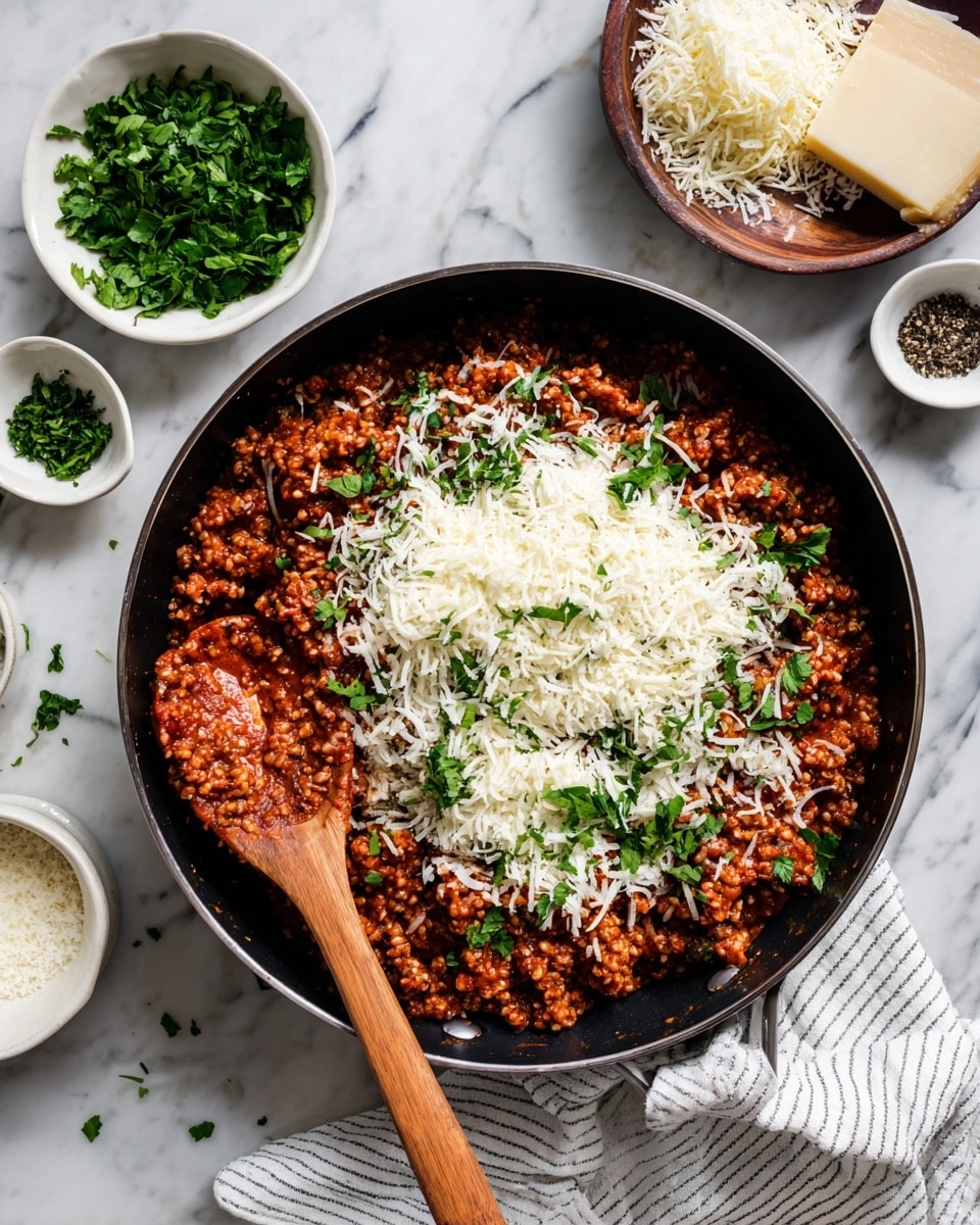 The image shows a dark round pan filled with a thick, orange-red orzo dish mixed with small green spinach leaves and bits of browned meat. The orzo looks soft and slightly saucy, with the mixture having a textured, chunky appearance. On top of the dish, some grated white cheese and chopped green parsley are sprinkled, adding contrast and freshness. A wooden spoon dips into the pan, lifting some of the orzo. Around the pan, there are small white bowls with coarse salt and pepper, fresh chopped parsley, and grated cheese on a white marbled surface, with a few sprigs of parsley scattered nearby. Photo taken with an iphone --ar 4:5 --v 7