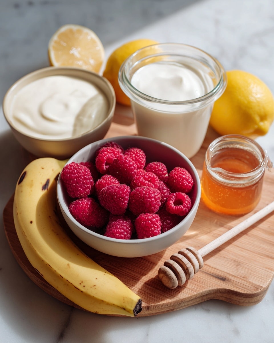 The image shows a small white bowl filled with bright red raspberries on top, placed on a white marbled surface. Below the bowl, there is a wooden board with a light purple banana that has dark spots resting on it. To the right of the banana, there is a clear glass cup filled with white yogurt. On the left side of the board, there is a white bowl of smooth white cream with a white spoon inside. In front of the board, on the white marbled surface, there are two yellow lemons, one whole and one half outside a metal juicer. A small glass container with orange honey and a wooden honey dipper sits near the raspberries. The light is natural and soft, highlighting the fresh colors and textures. Photo taken with an iphone --ar 4:5 --v 7