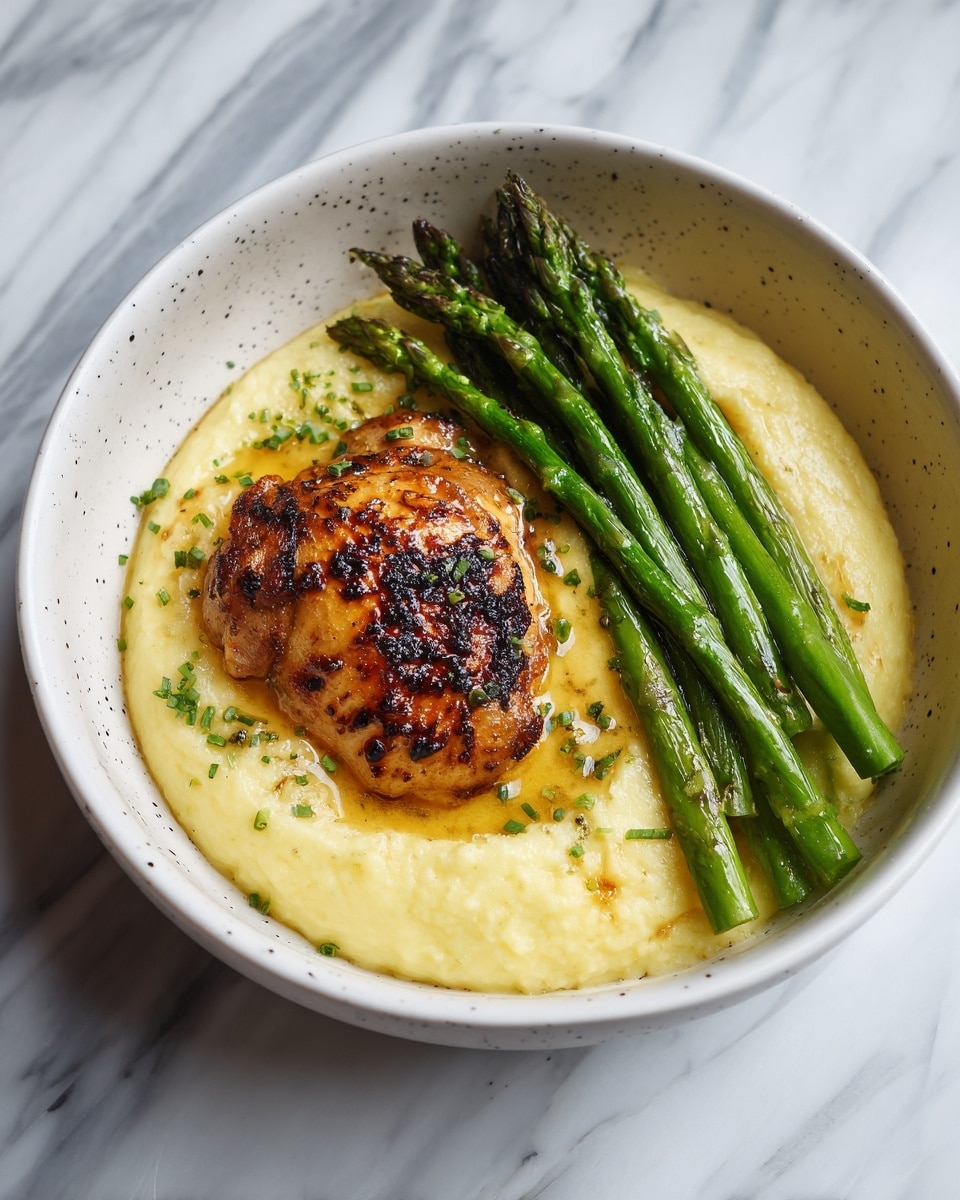 The dish shows a white bowl with three distinct layers: at the bottom is a thick, creamy layer of mashed potatoes, pale yellow with a smooth but slightly textured look; on top of this sits a piece of grilled meat, golden brown with dark char marks and a slightly glossy surface, garnished with small green herbs; to the right side of the bowl is a group of bright green roasted asparagus spears, their texture slightly wrinkled and shiny. The bowl rests on a white marbled surface. photo taken with an iphone --ar 4:5 --v 7