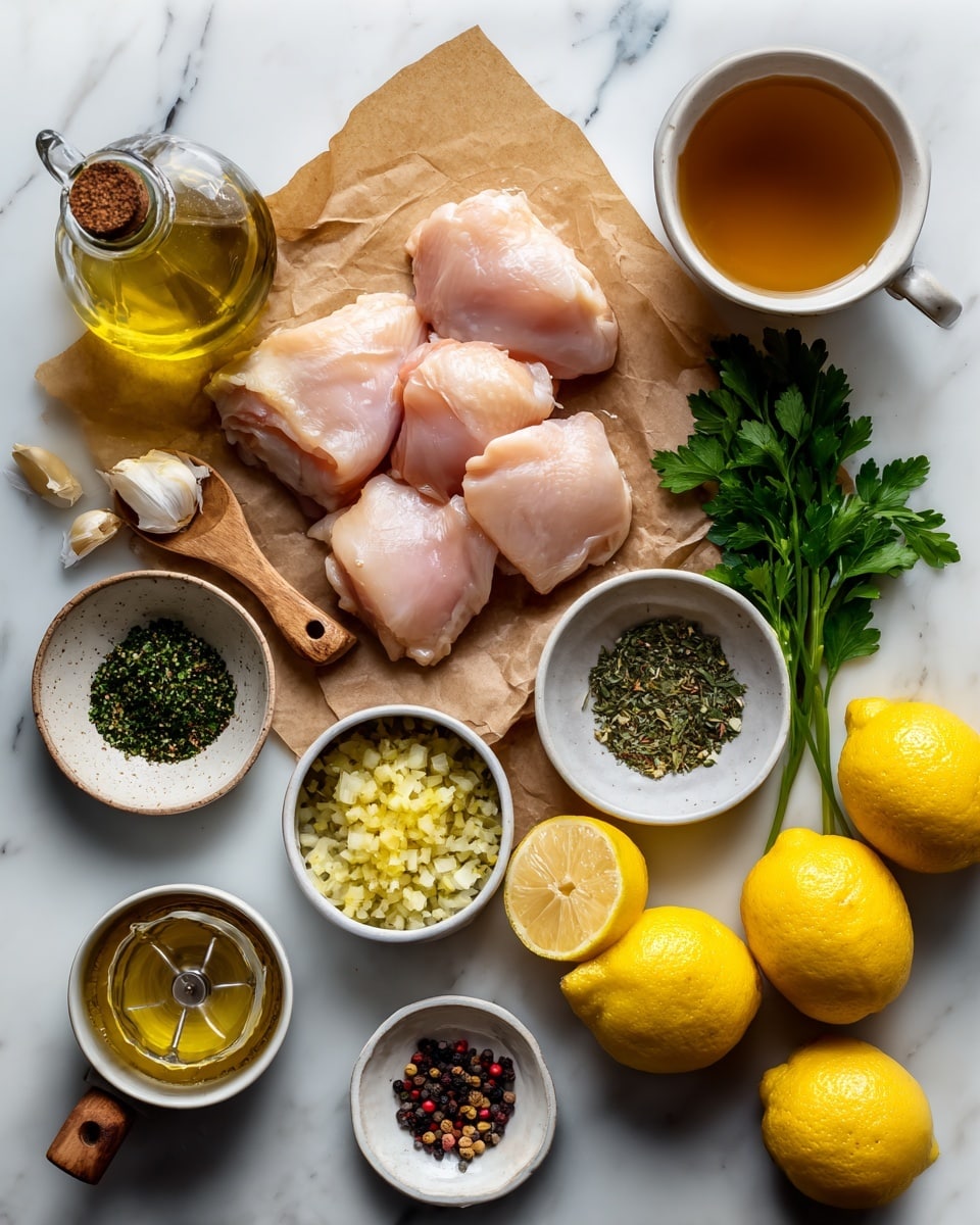 The image shows raw chicken pieces placed on brown parchment paper in the center of a white marbled surface. Around the chicken, there are small white bowls and dishes containing various spices and ingredients: olive oil in a clear bottle, peppercorns, salt, dried herbs, minced garlic, yellow seasoning, chopped onions, and fresh green parsley. Whole lemons are arranged near the bottom right, and a wooden spoon sits next to a lemon juicer with freshly squeezed lemon juice. A cup of tea or broth in a white cup is positioned at the top right. The scene is bright and clean, with all items carefully placed, giving a fresh and natural cooking setup. photo taken with an iphone --ar 4:5 --v 7