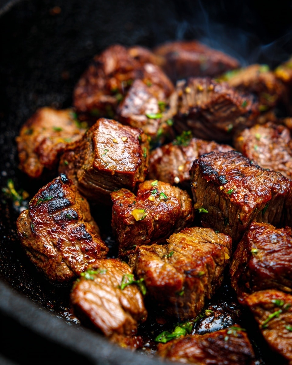 A close-up view of many small brown meat cubes cooked in a black cast iron pan, each piece showing a mix of slightly charred and tender textures with green herb bits sprinkled all over, resting on a white marbled surface with green leaves blurred in the background, photo taken with an iphone --ar 4:5 --v 7