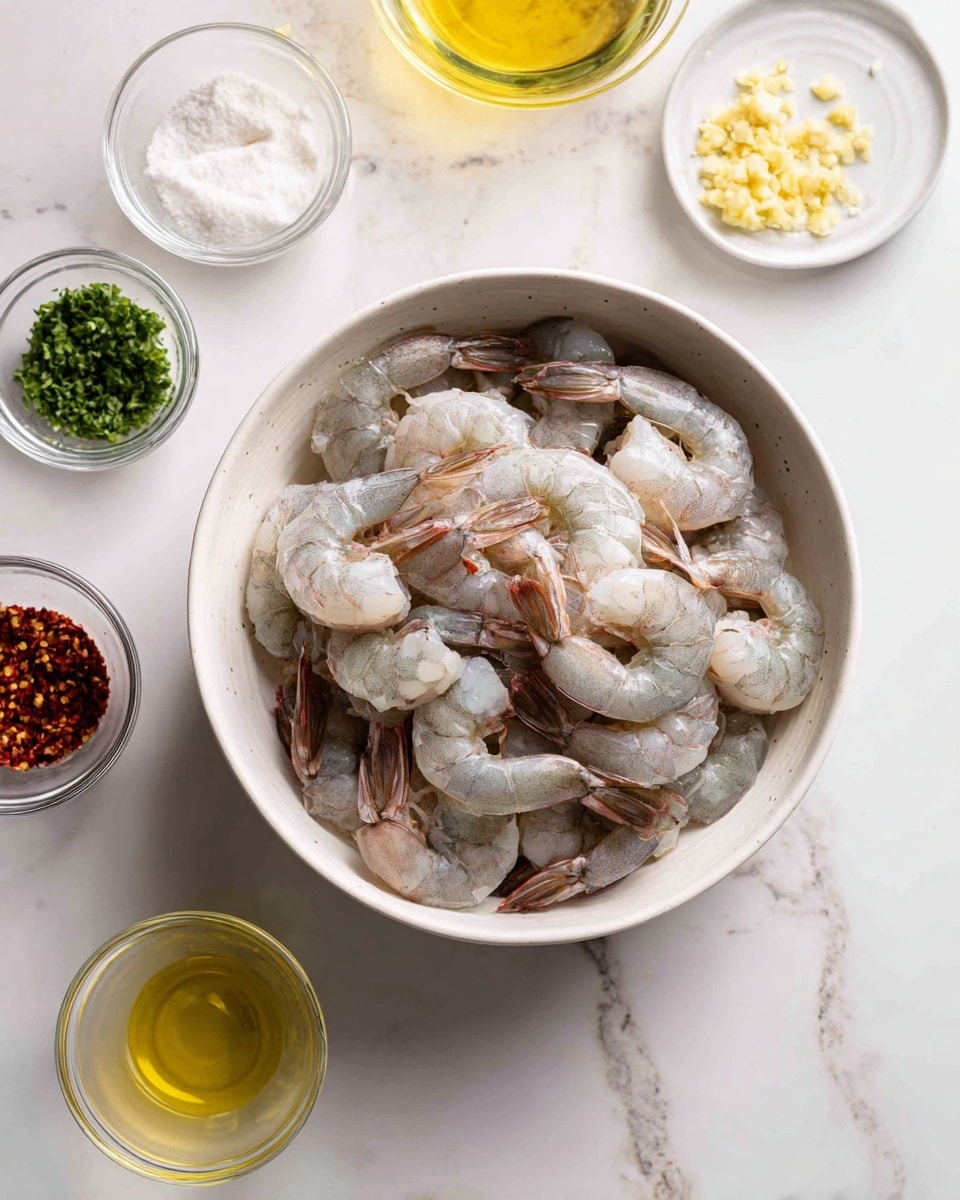 A white metal bowl filled with raw shrimp that have a pale pink and gray color, layered loosely inside. Around the bowl on a white marbled surface are small clear glass bowls with various ingredients: one with finely chopped green herbs, another with a yellow liquid oil, a bowl with white creamy sauce, one with a small amount of red chili flakes, a bowl with minced light yellow garlic, and a clear bowl of light golden liquid. The setup is neat and organized, showing different colors and textures against the white marbled surface. Photo taken with an iphone --ar 4:5 --v 7