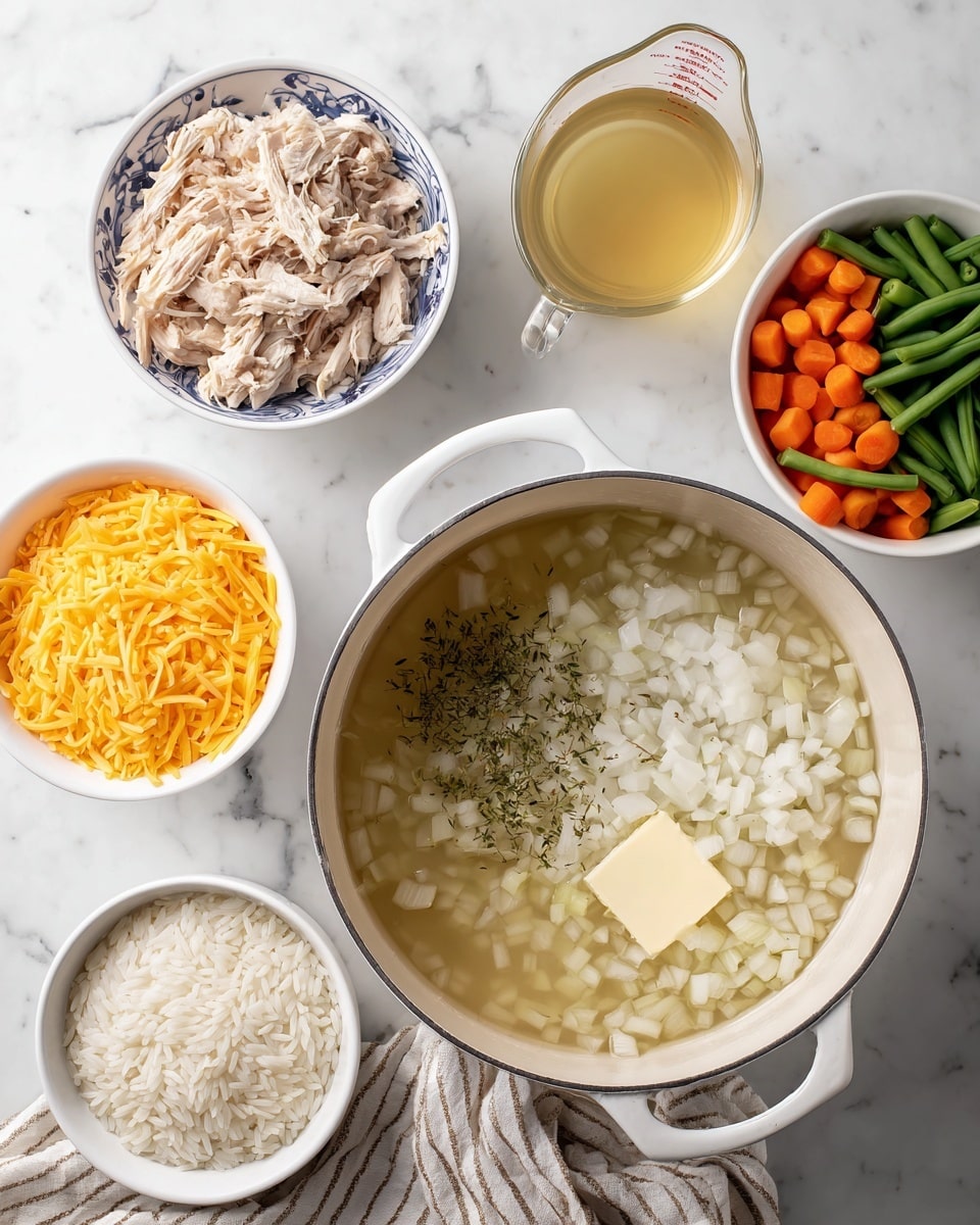 A large white pot sits in the middle on a white marbled surface, filled with roughly chopped white onions, a cube of butter melting, and sprinkled dried herbs. Surrounding the pot are six white bowls: on the top left, shredded cooked chicken in a bowl with blue patterns inside; next to it, a clear glass measuring cup with a light yellow broth; on the top right, mixed frozen vegetables with green beans, orange carrots, and yellow corn; below it, shredded orange cheddar cheese; and at bottom left, long white rice grains in a bowl. A white and brown striped cloth is placed under the pot. photo taken with an iphone --ar 4:5 --v 7