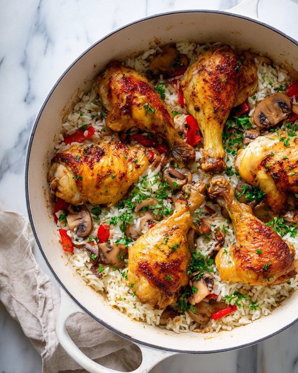 The image shows a green pot filled with cooked rice mixed with small pieces of vegetables like carrots and herbs. On top of the rice, there are five golden brown cooked chicken pieces with a slightly shiny texture. The dish has a rustic look with some fresh green herbs sprinkled over everything. The pot is placed on a white marbled surface with a light-colored cloth next to it. Photo taken with an iphone --ar 4:5 --v 7