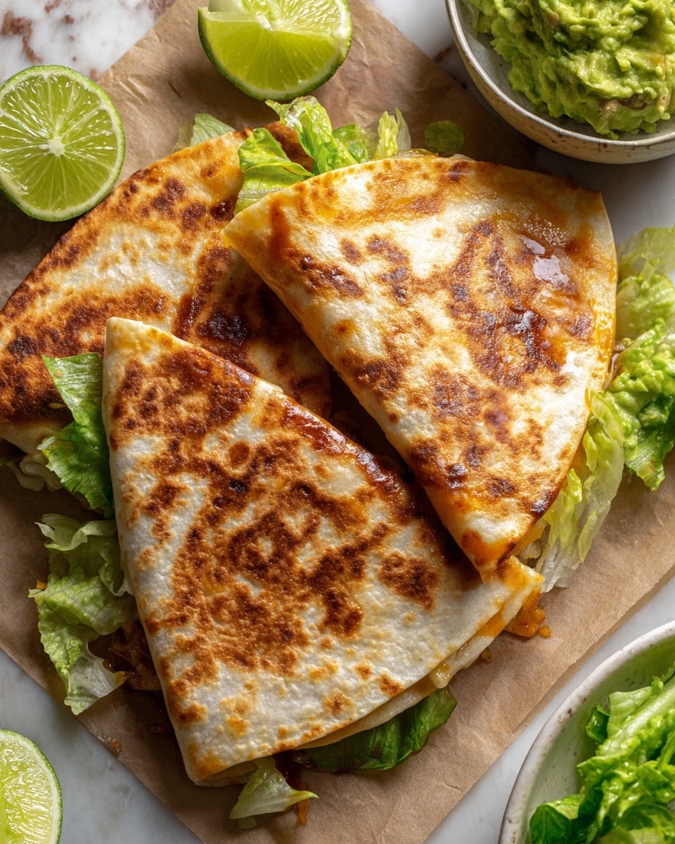 The image shows three triangular pieces of golden-brown fried quesadilla with crispy edges and melted cheese pulling apart in one piece, revealing a filling of green leafy vegetables and possibly chopped scallions inside. The quesadillas sit on brown parchment paper over a rustic wooden surface, with a few scattered green herb leaves and a small amount of red sauce around them. In the upper left corner, there are two lime wedges with light green flesh, and in the lower left corner, there is a white plate filled with sprigs of fresh green herbs with tiny white flowers. The whole scene is bright and natural with a cozy homemade feeling. Photo taken with an iphone --ar 4:5 --v 7