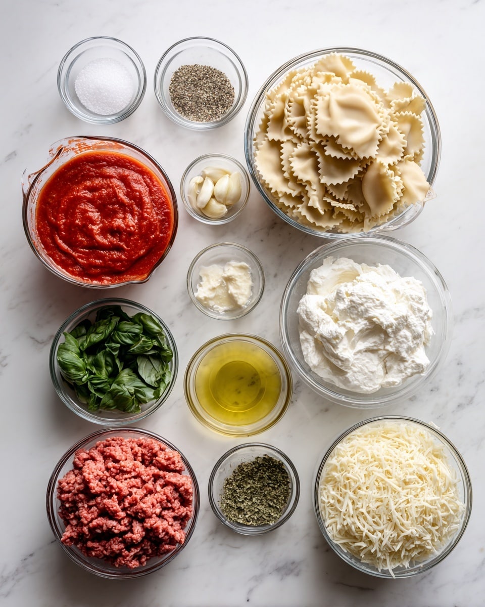 The image shows the ingredients for a lasagna recipe laid out on a white marbled surface. There are 11 clear glass bowls and measuring cups arranged in a grid. Starting from the top left, a large measuring cup filled with bright red tomato sauce appears thick and textured. Next to it are two small bowls containing white salt crystals and black ground pepper. Below these, a small bowl holds finely chopped garlic, and beside it is a bigger bowl with soft white ricotta cheese that has a creamy texture. To the right is a large bowl filled with flat, pale beige pasta sheets with ruffled edges layered loosely. Below the garlic, a medium bowl contains fresh green basil cut into thin strips. Next to it is a small bowl with light yellow olive oil, and near that, another small bowl holds dried Italian herbs in shades of green and brown. On the bottom left is a large bowl with raw ground meat colored rich red with a slightly coarse texture. Beside this is a small bowl with shredded Parmesan cheese, and finally, a medium bowl filled with pale yellow shredded mozzarella cheese. On the far right, a large measuring cup contains clear water. The overall image is neat with each ingredient clearly visible and separated, all set on a smooth white marbled surface photo taken with an iphone --ar 4:5 --v 7