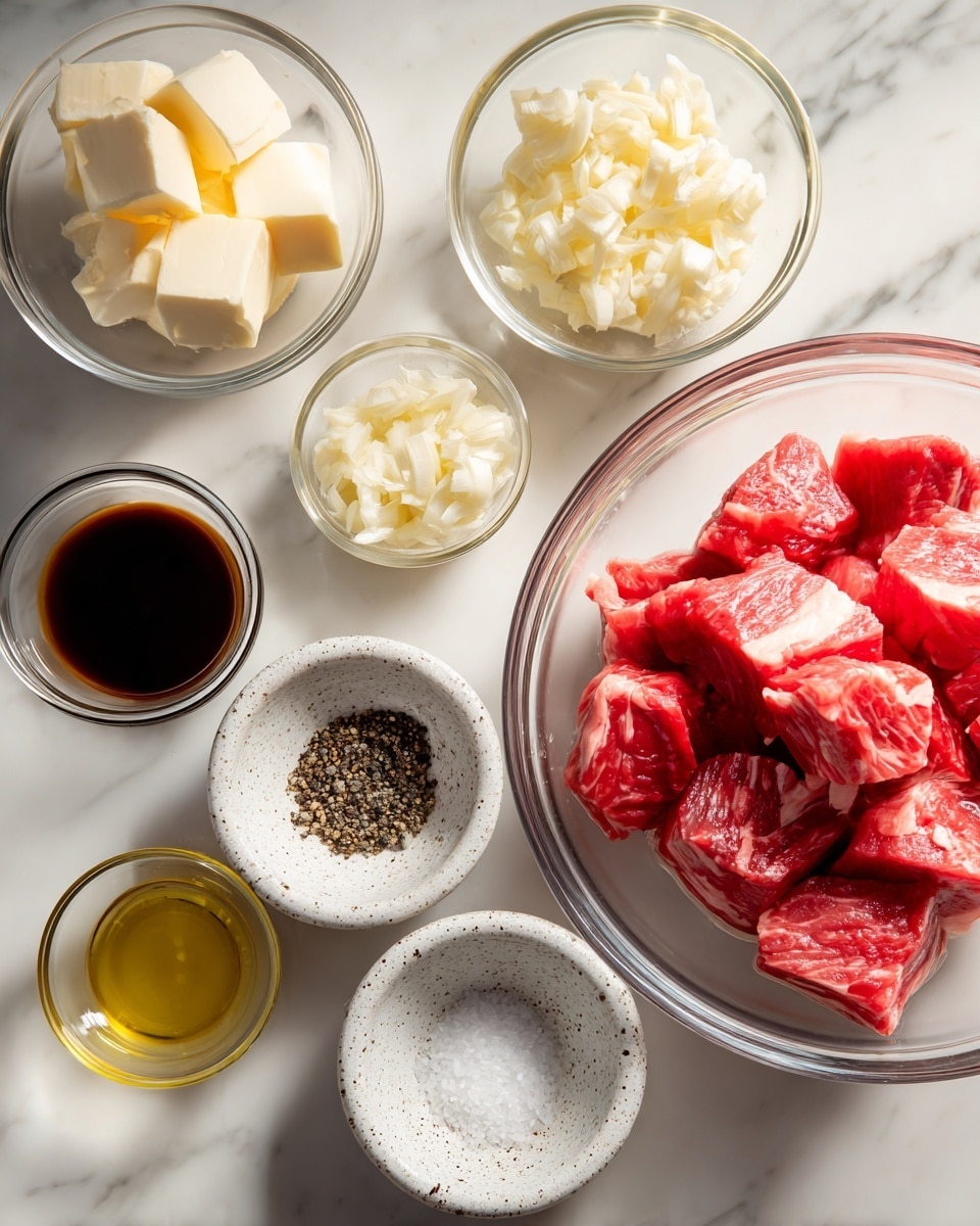 The image shows several small clear glass bowls and two small white speckled stone bowls arranged on a white marbled surface. One large clear glass bowl holds bright red pieces of raw meat with white marbling, placed on the right side. Surrounding it are bowls with light yellow butter cubes, finely minced pale yellow garlic, a dark brown soy-like sauce, a clear light golden liquid, and another clear light liquid. The two small white speckled stone bowls contain coarse black pepper and white salt, positioned toward the bottom center. Everything is neatly spaced and brightly lit, showing clean textures and fresh ingredients. Photo taken with an iphone --ar 4:5 --v 7