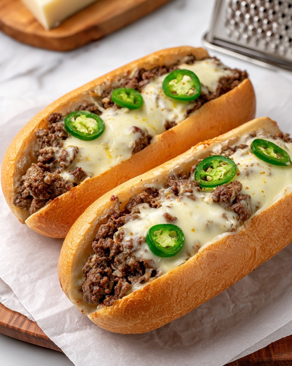 The image shows two hot dog buns side by side, each filled with a generous layer of cooked, thinly sliced brown beef mixed with melted pale yellow cheese. There are slices of green bell pepper placed on top of the beef and cheese inside the buns. The buns are soft and light brown in color, slightly toasted. The entire food is placed on a white surface with a subtle marbled texture. A woman's hand is seen in the background holding a grater, with some shredded cheese visible near it. Photo taken with an iphone --ar 4:5 --v 7