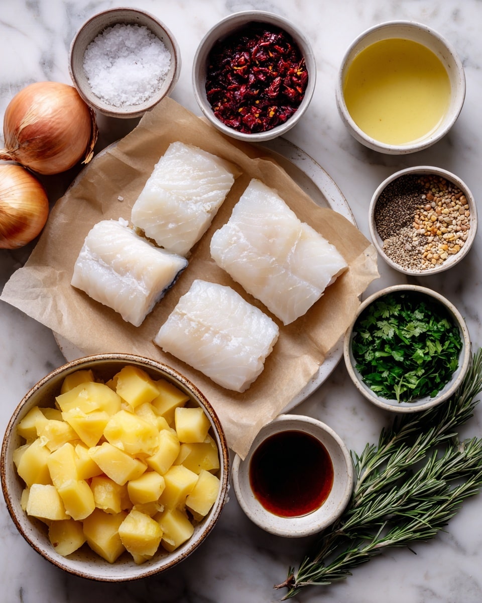 The image shows a top view of a white marbled surface with several small white bowls arranged neatly in a circle. In the center, there is a sheet of parchment paper holding four pieces of raw white fish fillets. Around it, there is a bowl filled with chopped yellow potatoes at the bottom center. The bowls contain various ingredients like a red spice, chopped onions, seeds, liquid broths, butter, and some fresh herbs like parsley and rosemary placed on the right side. A woman's hand holding salt is visible on the left side, adding a human touch to the arrangement. photo taken with an iphone --ar 4:5 --v 7