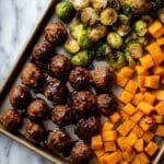 Korean BBQ Meatballs with Roasted Sweet Potatoes and Brussels Sprouts Recipe