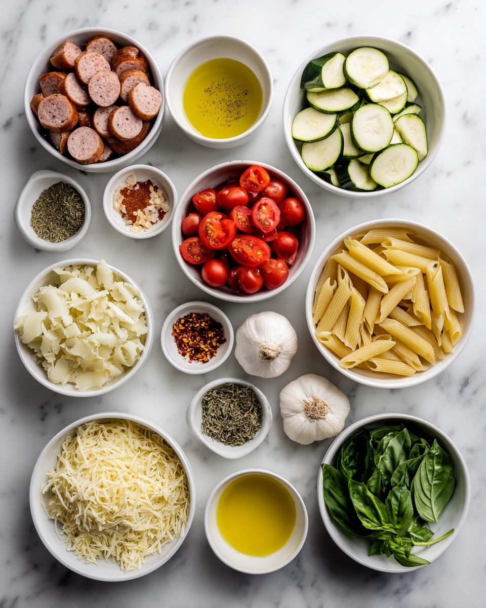 Several small white bowls and dishes hold various ingredients on a white marbled surface. From top left to right, there is a bowl filled with sliced cooked sausages, a small dish with olive oil, and a larger bowl containing sliced zucchini and halved cherry tomatoes. Below them, small bowls contain minced garlic, chopped onions, a mix of dried herbs, chili flakes, and a light yellow liquid, likely broth. Further down, there is a bowl with uncooked penne pasta, a small bowl with grated cheese, a dish with dried oregano, a bowl with three whole garlic cloves, and a small bowl with fresh basil leaves. Everything is laid out neatly in rows, showing a clear view of each ingredient. Photo taken with an iphone --ar 4:5 --v 7