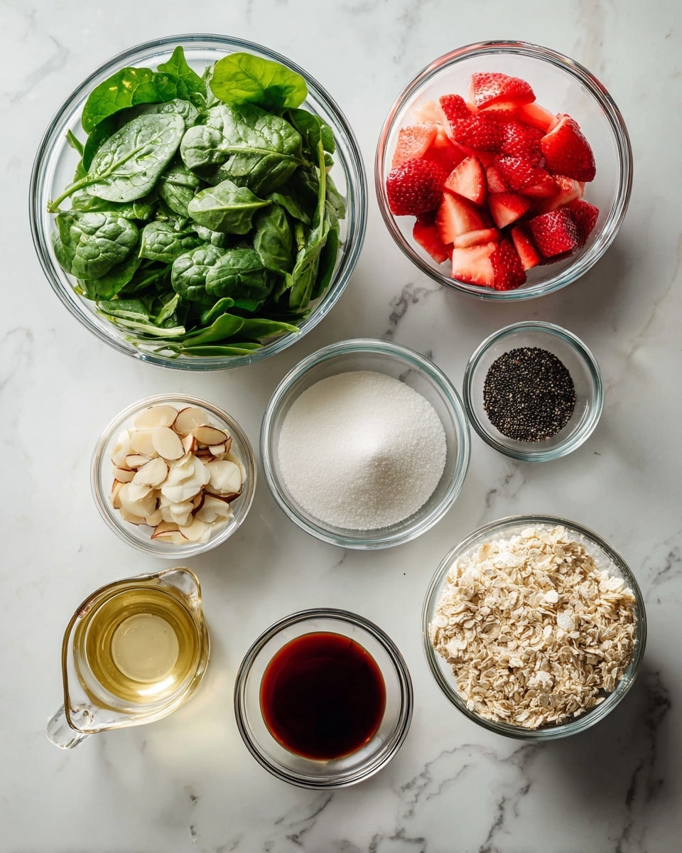 The image shows several clear glass bowls and a small glass measuring cup arranged on a white marbled surface. The largest bowl at the top left contains fresh green spinach leaves with a rough texture. To its right, a smaller bowl holds bright red strawberry pieces cut into small chunks. Next to it is an even smaller bowl filled with tiny white onion pieces. Below them, a small bowl contains light brown sliced almonds, while next to it, a similar bowl has small black sesame seeds. In the center, a medium bowl is filled with white sugar with a fine texture. In front, a small bowl of dark red liquid and a small bowl with a light brown oatmeal or grainy texture are placed side by side. At the bottom left, a clear glass measuring cup holds pale yellow olive oil. The items are all neatly spaced on the white marbled surface, and no woman’s hand is visible photo taken with an iphone --ar 4:5 --v 7