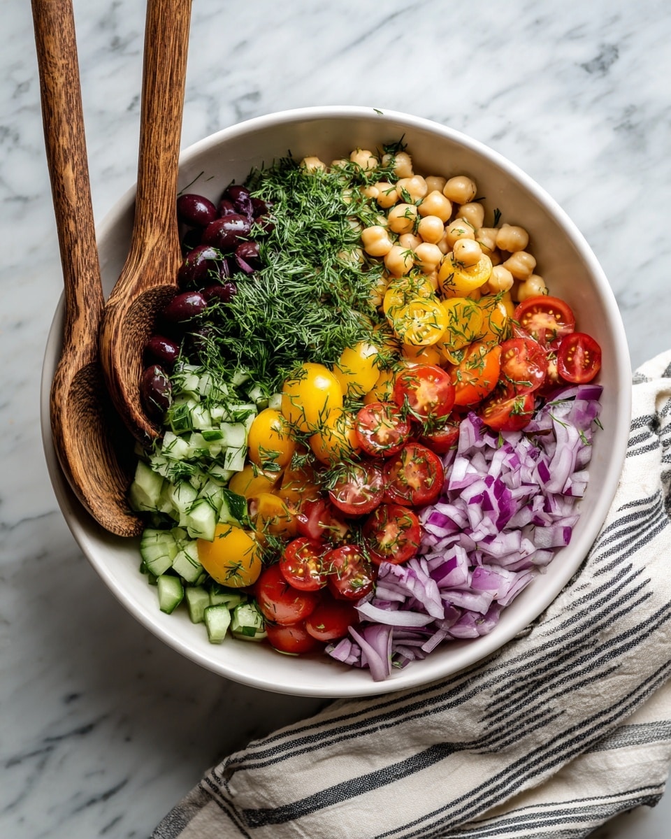 The image shows a large white bowl filled with a colorful salad made of small, round yellow and red cherry tomatoes, creamy chickpeas, chopped green cucumber pieces, thin slices of pink-red onion, dark olives, and sprinkled fresh green herbs like dill and parsley throughout. On top of the salad, there are two rustic wooden spoons placed crossing each other. The bowl is set on a white marbled surface with a folded blue and white striped cloth partially visible in the corner. The salad ingredients create a fresh and vibrant mix of colors and textures, with the wooden spoons adding a natural touch. photo taken with an iphone --ar 4:5 --v 7