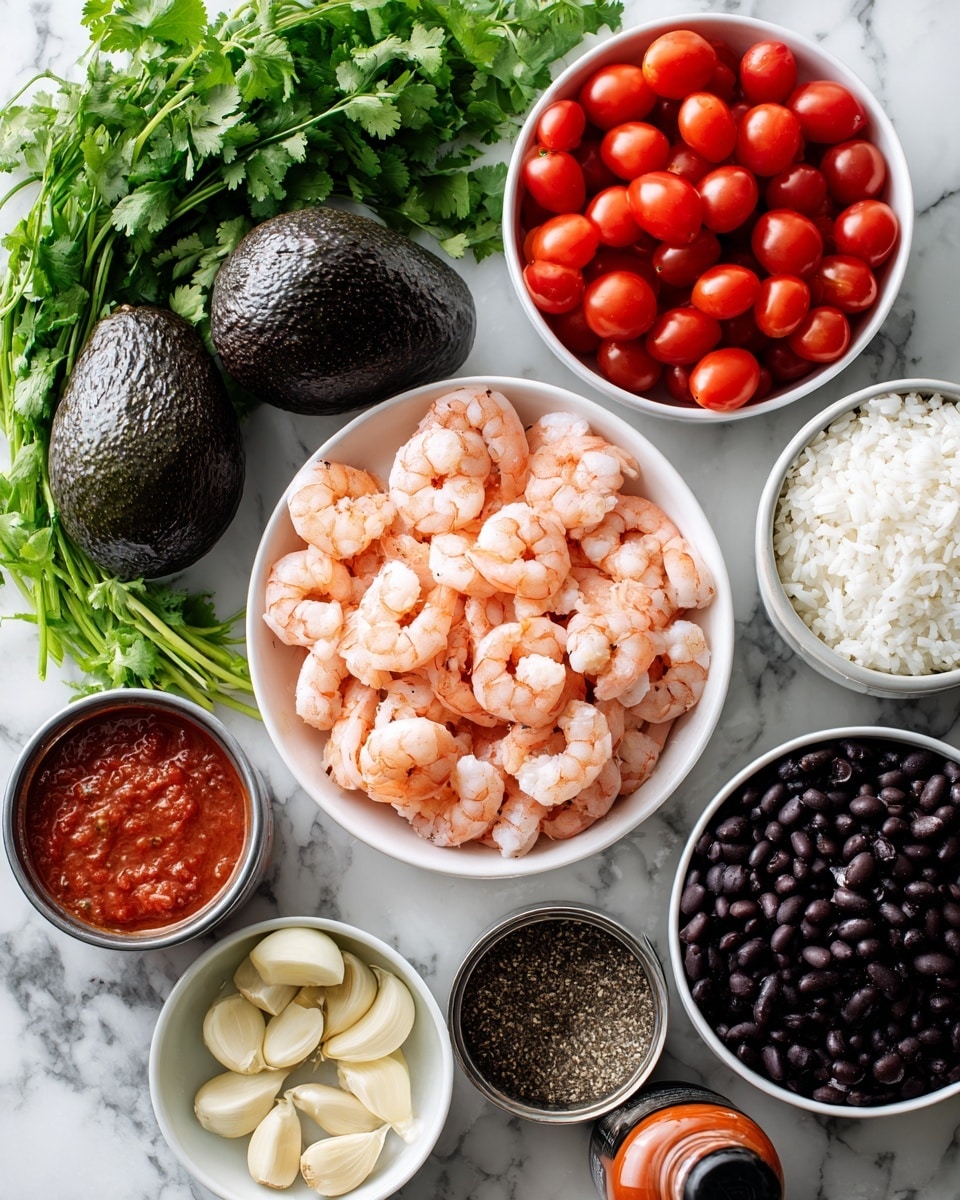 The image shows a white marbled surface with several ingredients neatly arranged. In the center is a white bowl filled with cooked pink shrimp. Above the shrimp bowl are fresh red cherry tomatoes in a white bowl. To the left sit two whole dark green avocados, and next to them is a bunch of green cilantro leaves. Below the cilantro is a small white bowl filled with peeled garlic cloves. On the right side of the shrimp bowl are two cans of black beans, one stacked on top of the other. Above the cans is a white bowl of dry white rice. Behind the rice is a jar of red salsa and a bottle of black seasoning. The overall colors are fresh and vibrant, with a mix of green, red, white, and pink on a white marbled background. Photo taken with an iphone --ar 4:5 --v 7